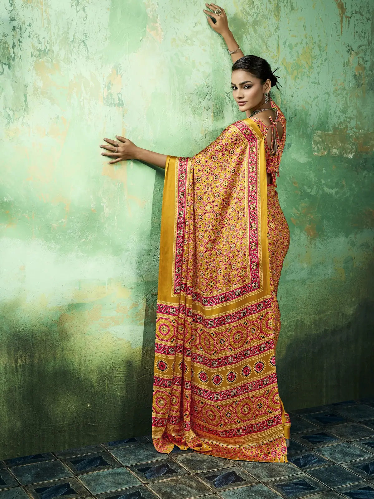 Tarani mustard modal satin Ajrakh saree back view with designer blouse pattern
