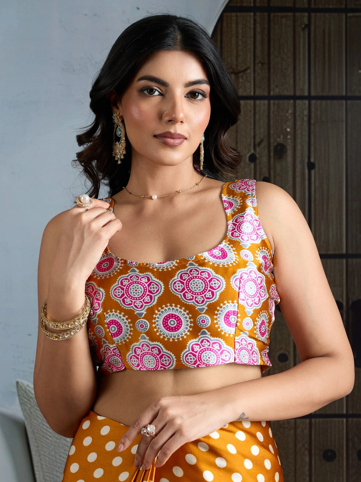 Tarani modal satin Ajrakh print blouse closeup with designer ethnic pattern