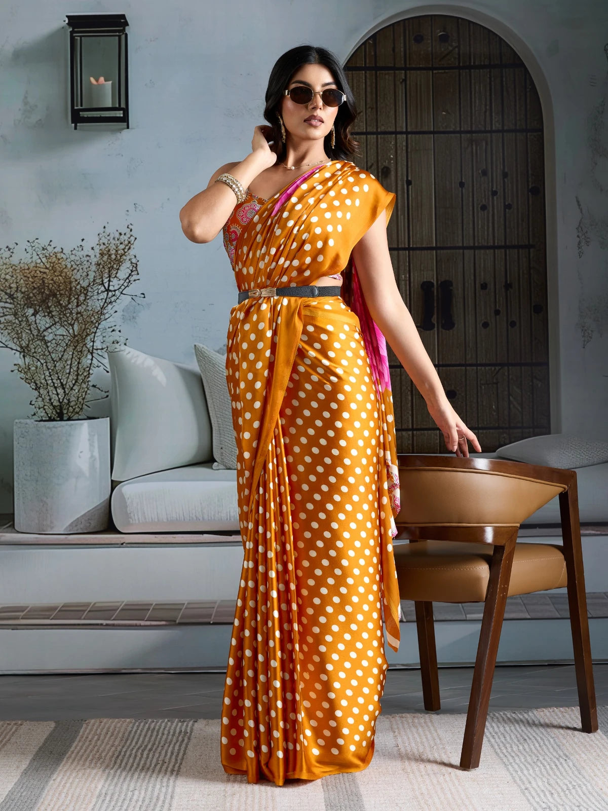 Tarani mustard Ajrakh print saree front view with stylish festive drape