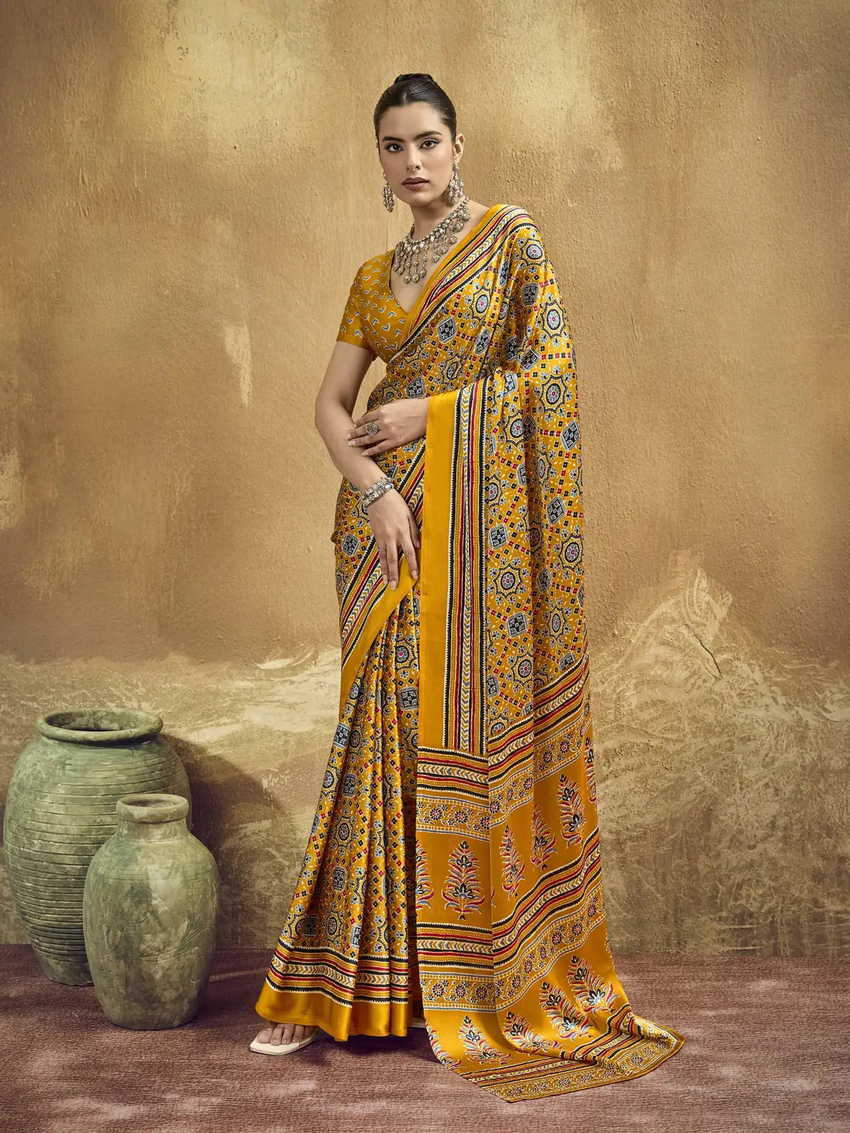 Tarani mustard modal satin Ajrakh print saree full view for casual and festive wear