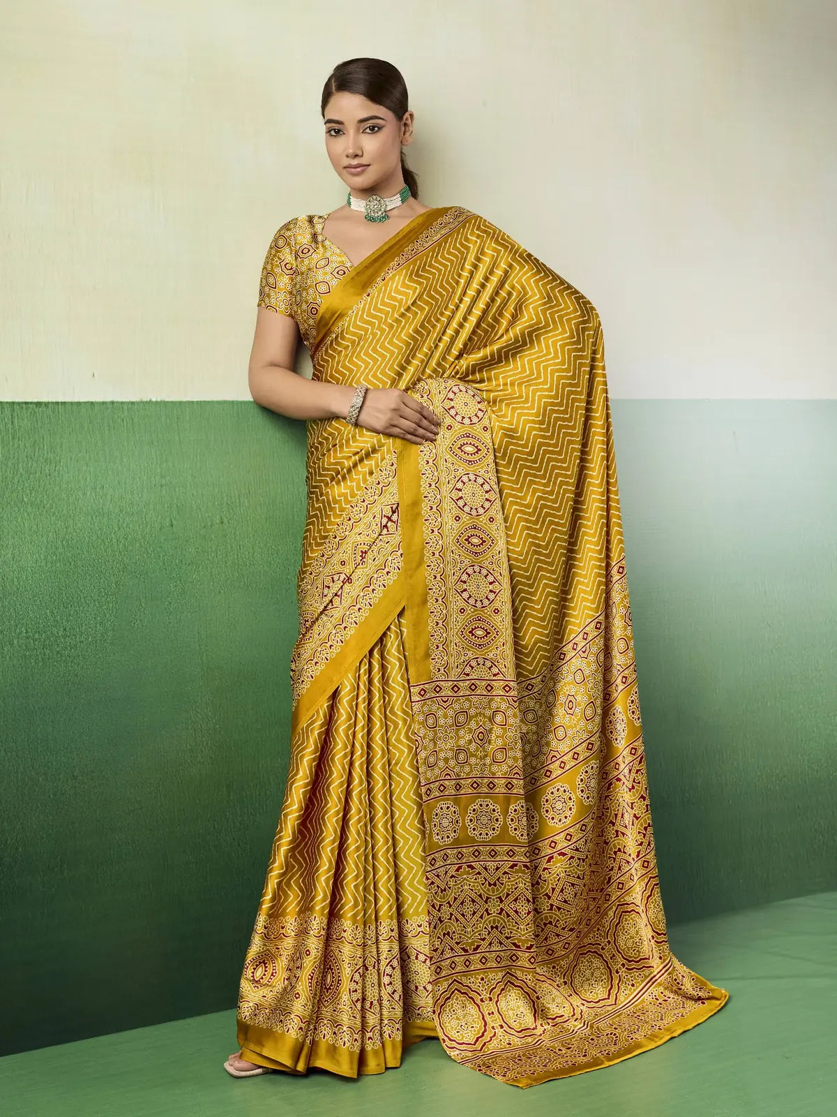 Tarani mustard modal satin Ajrakh print saree full view with designer blouse for casual festive wear