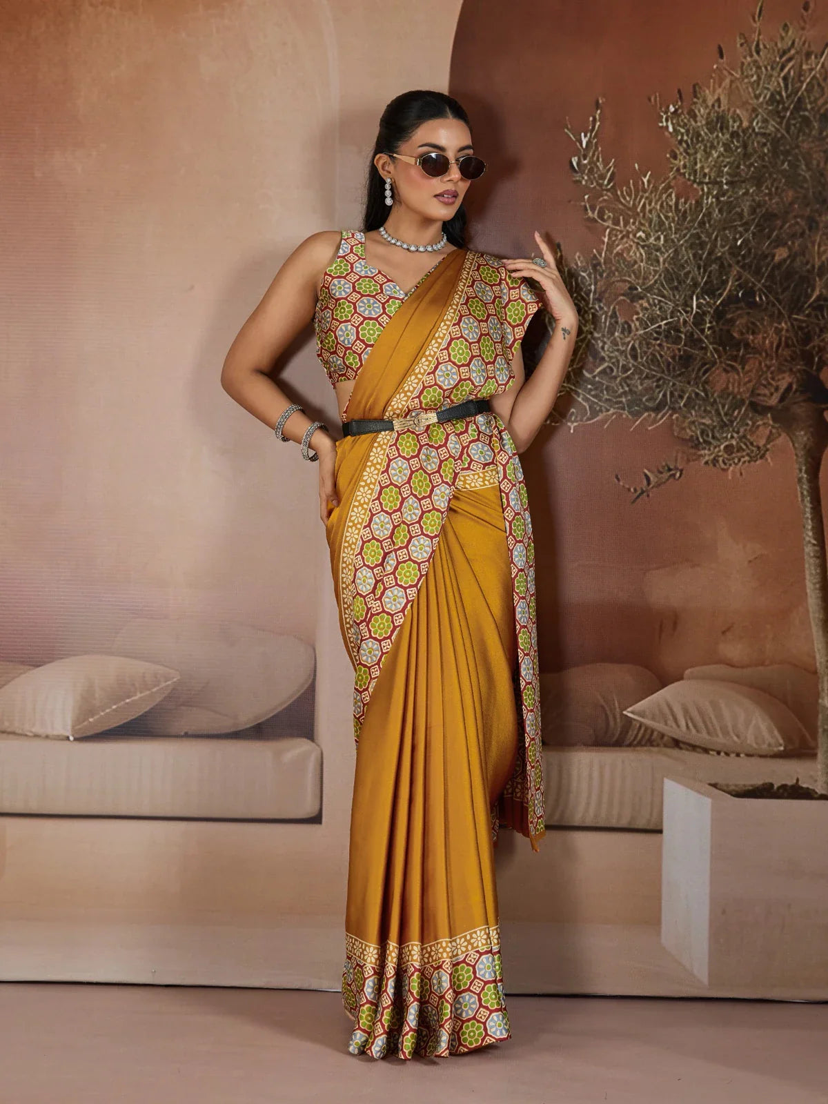 Tarani mustard modal satin saree full view with printed designer border and elegant drape