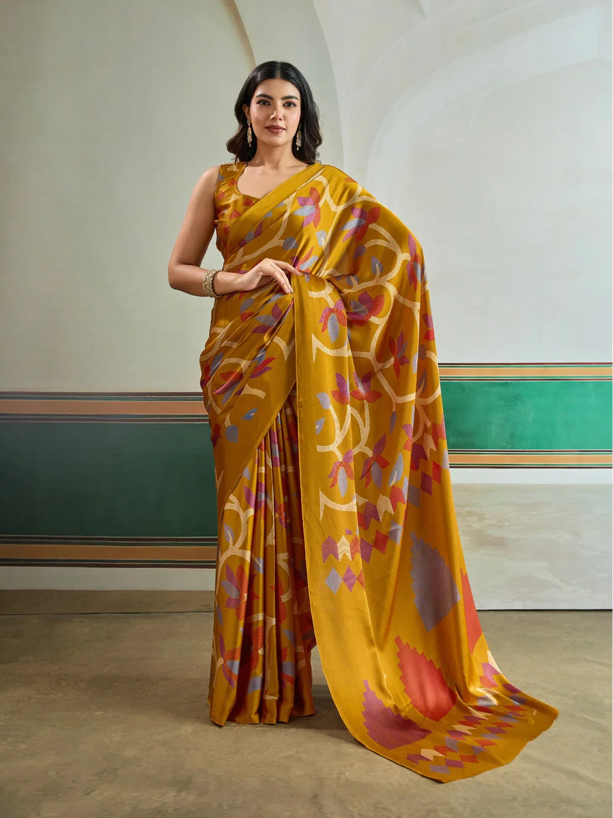 Tarani mustard modal satin saree full view with floral and geometric Ajrakh print for festive and party occasions