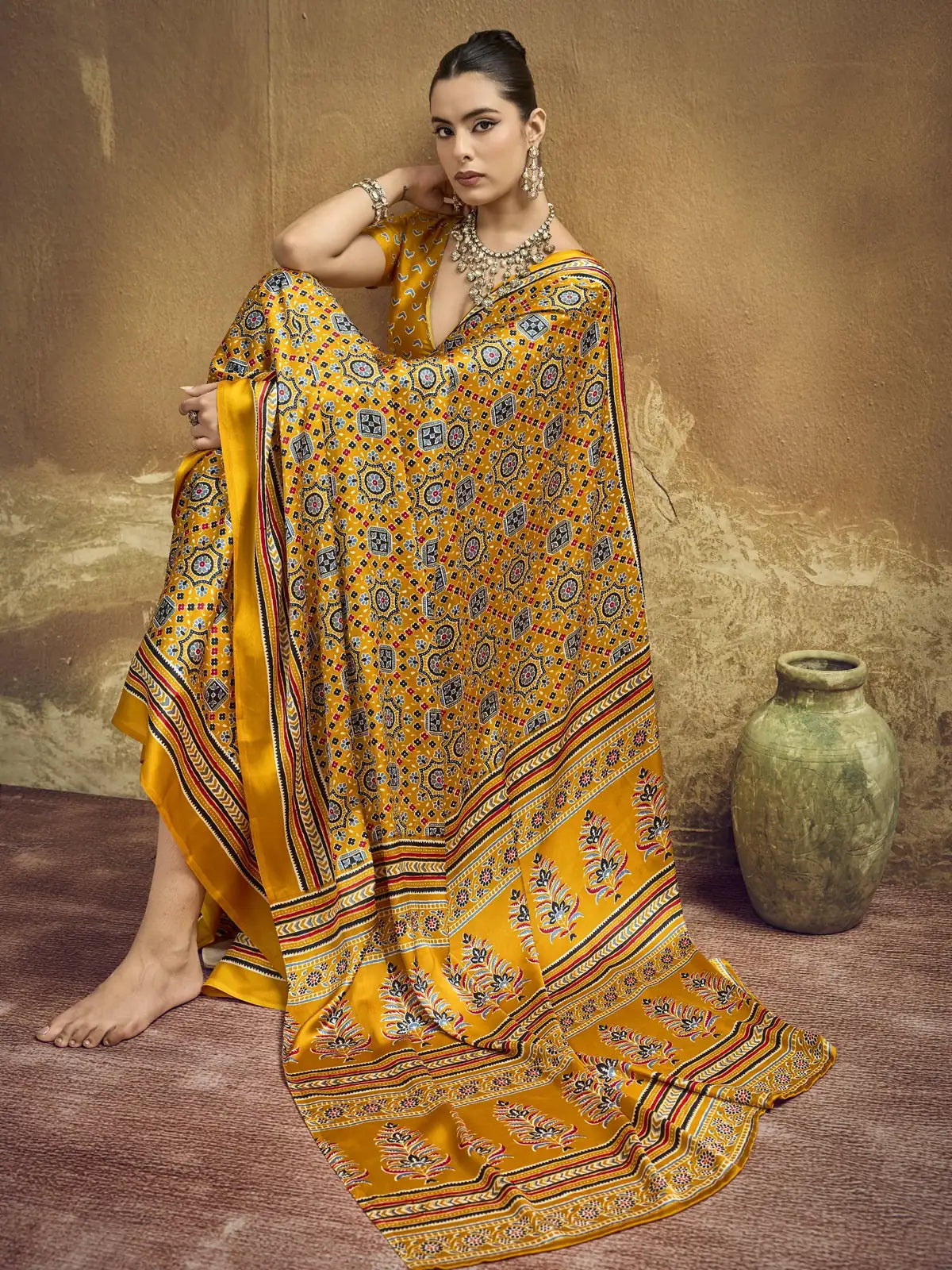 Tarani mustard Ajrakh print saree pallu and border showcase by Tarani