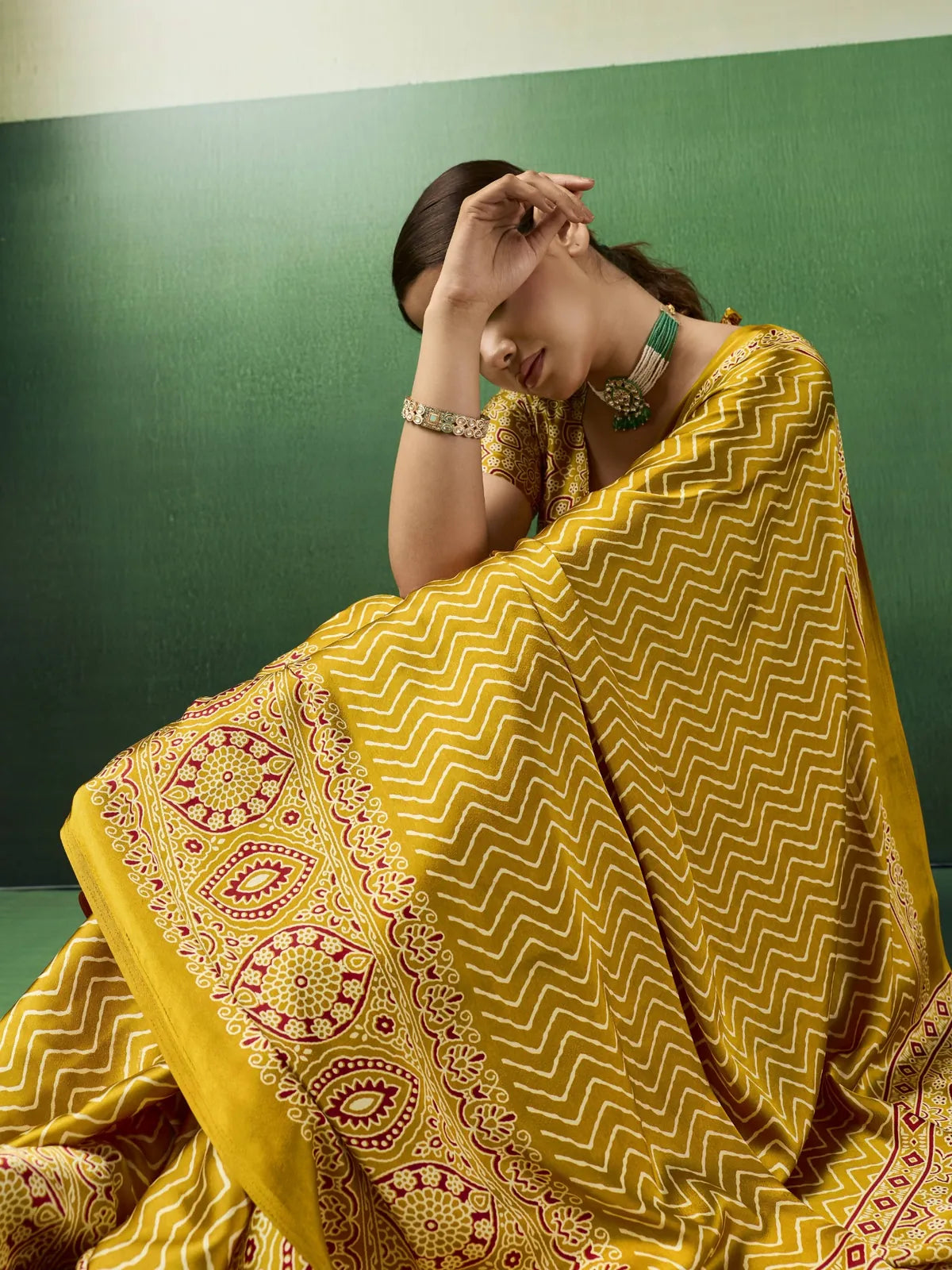 Tarani modal satin Ajrakh print saree pallu view with elegant zigzag and border detailing