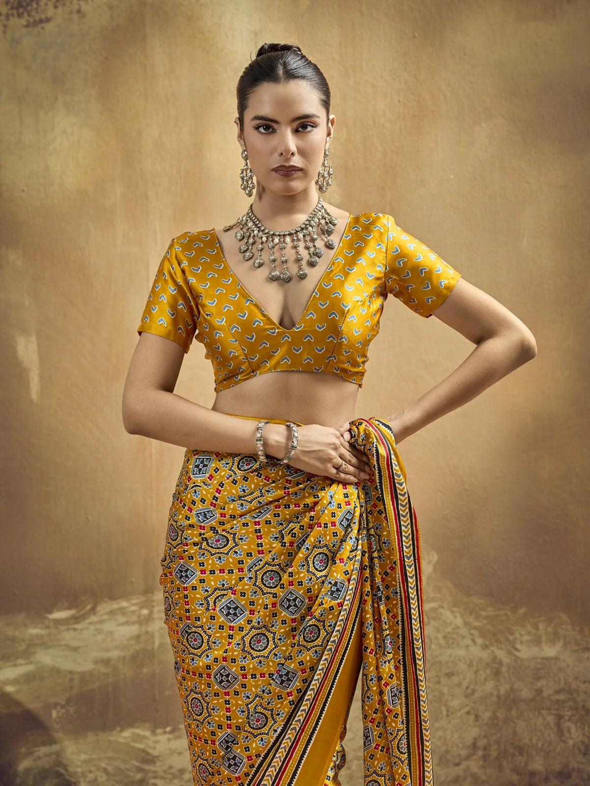 Tarani mustard modal satin Ajrakh print saree upper body blouse design view