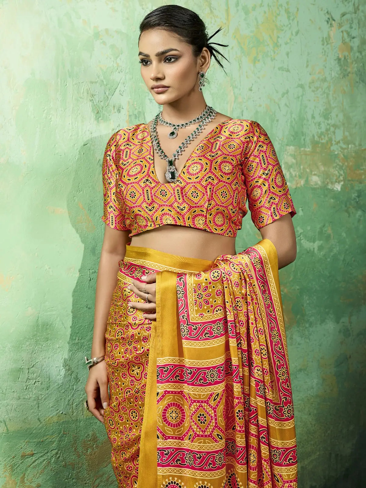 Tarani modal satin Ajrakh print saree upper body look with stylish blouse design