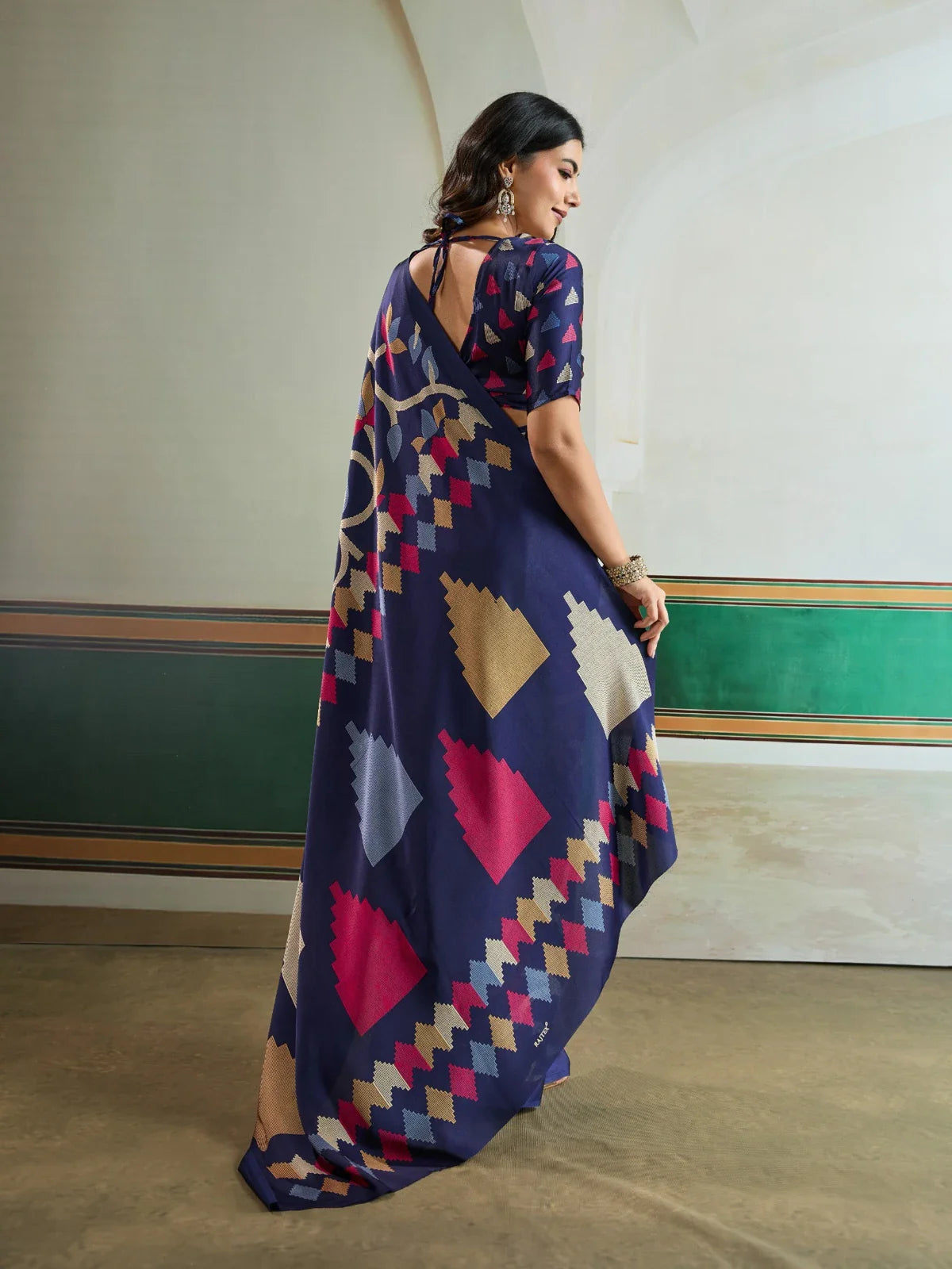 Tarani navy blue saree with multicolor Ajrakh pallu and temple pattern – back view