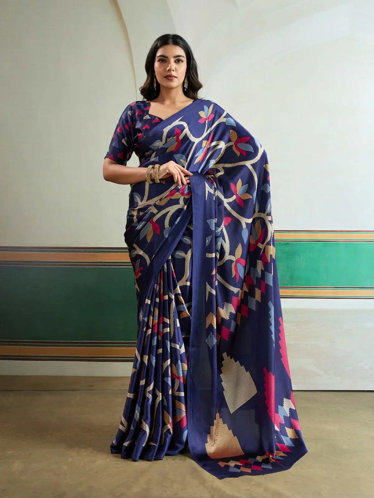 Tarani navy blue modal satin saree with floral geometric Ajrakh print and matching blouse – front pose