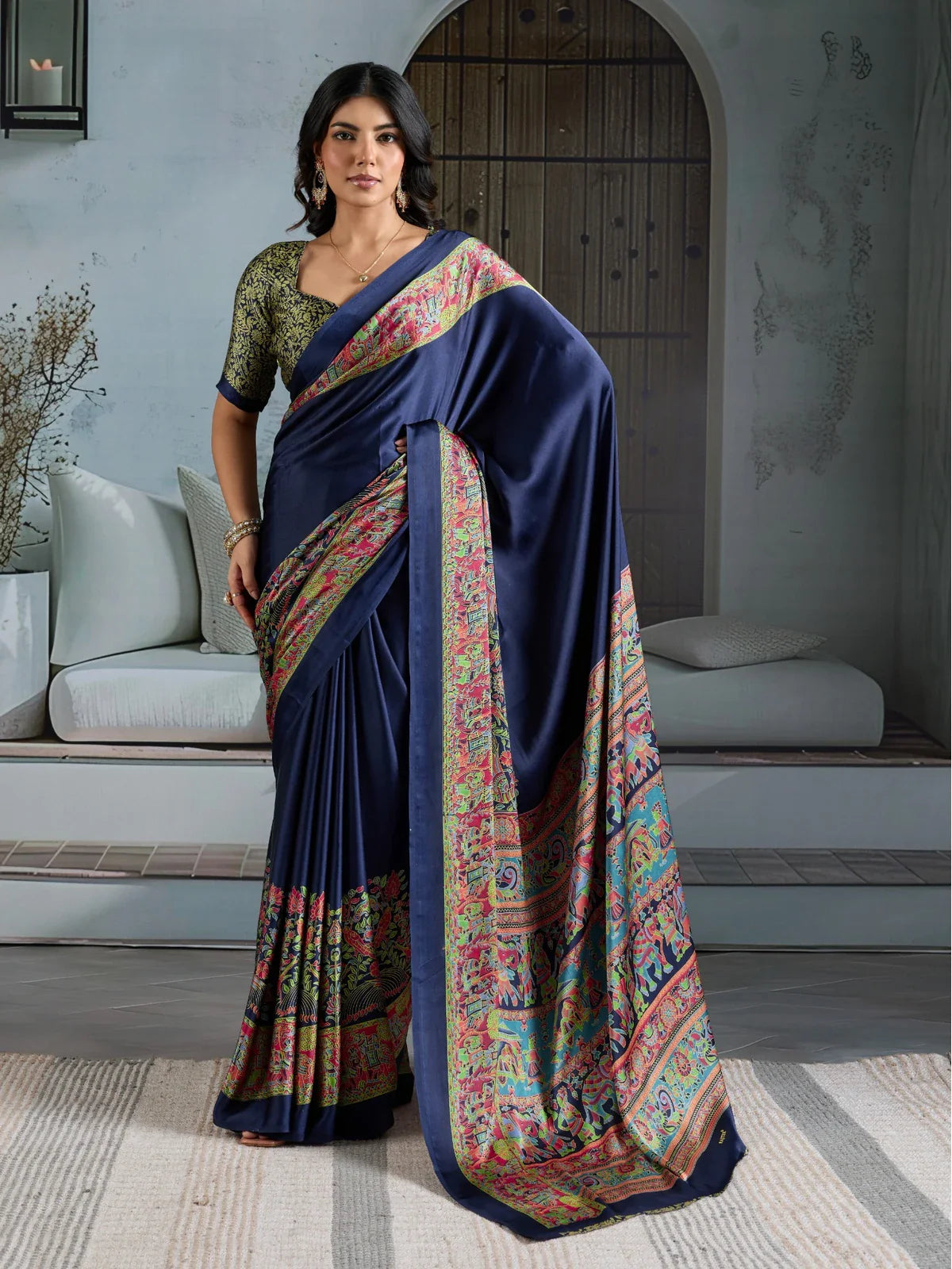Tarani navy blue modal satin saree with multicolor Ajrakh print and full front view