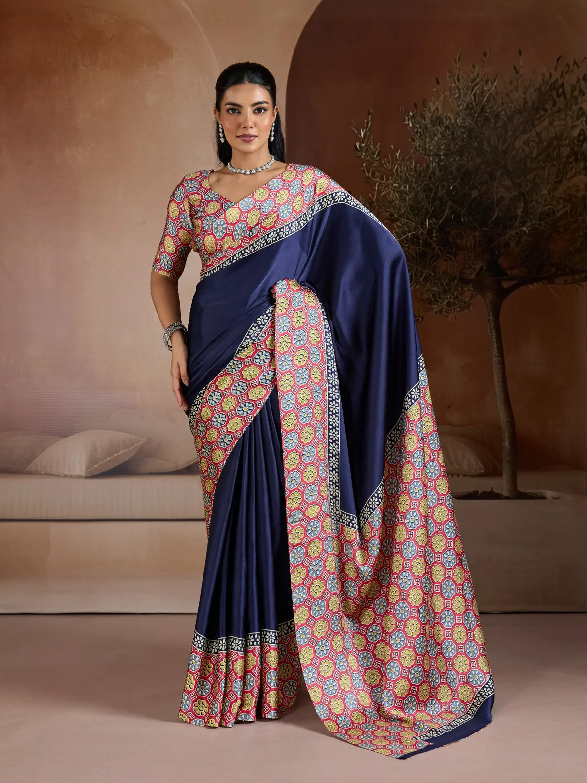 Tarani navy blue modal satin saree full view with designer multicolor printed border and matching blouse