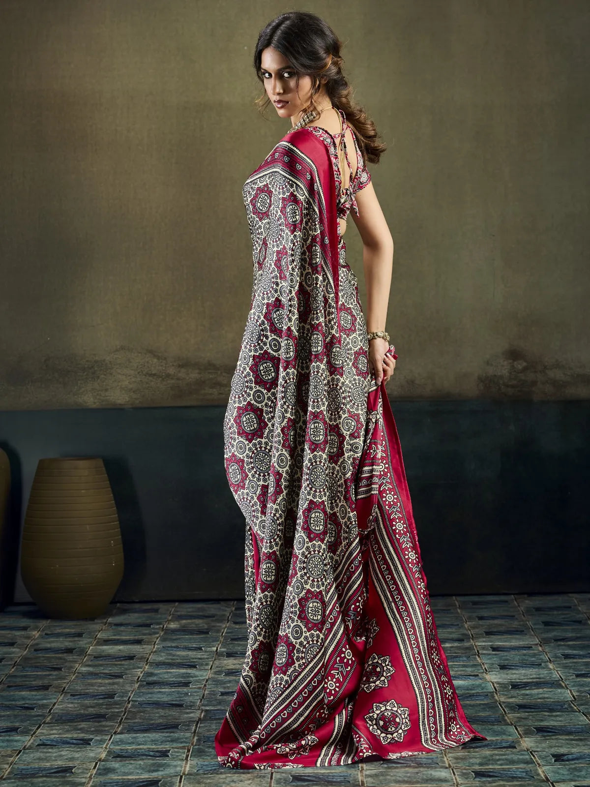 Tarani off white modal satin Ajrakh print saree back view with blouse design