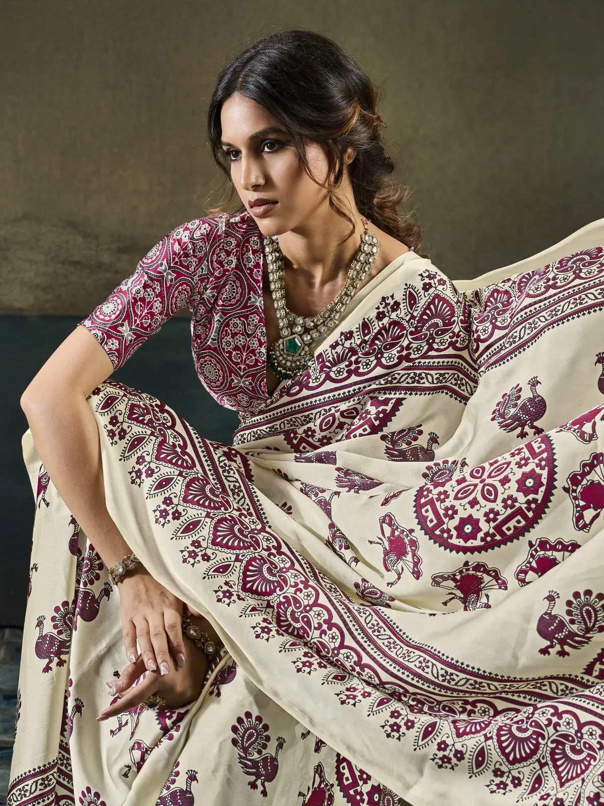 Tarani off white Modal Satin Ajrakh Print saree closeup of border and print