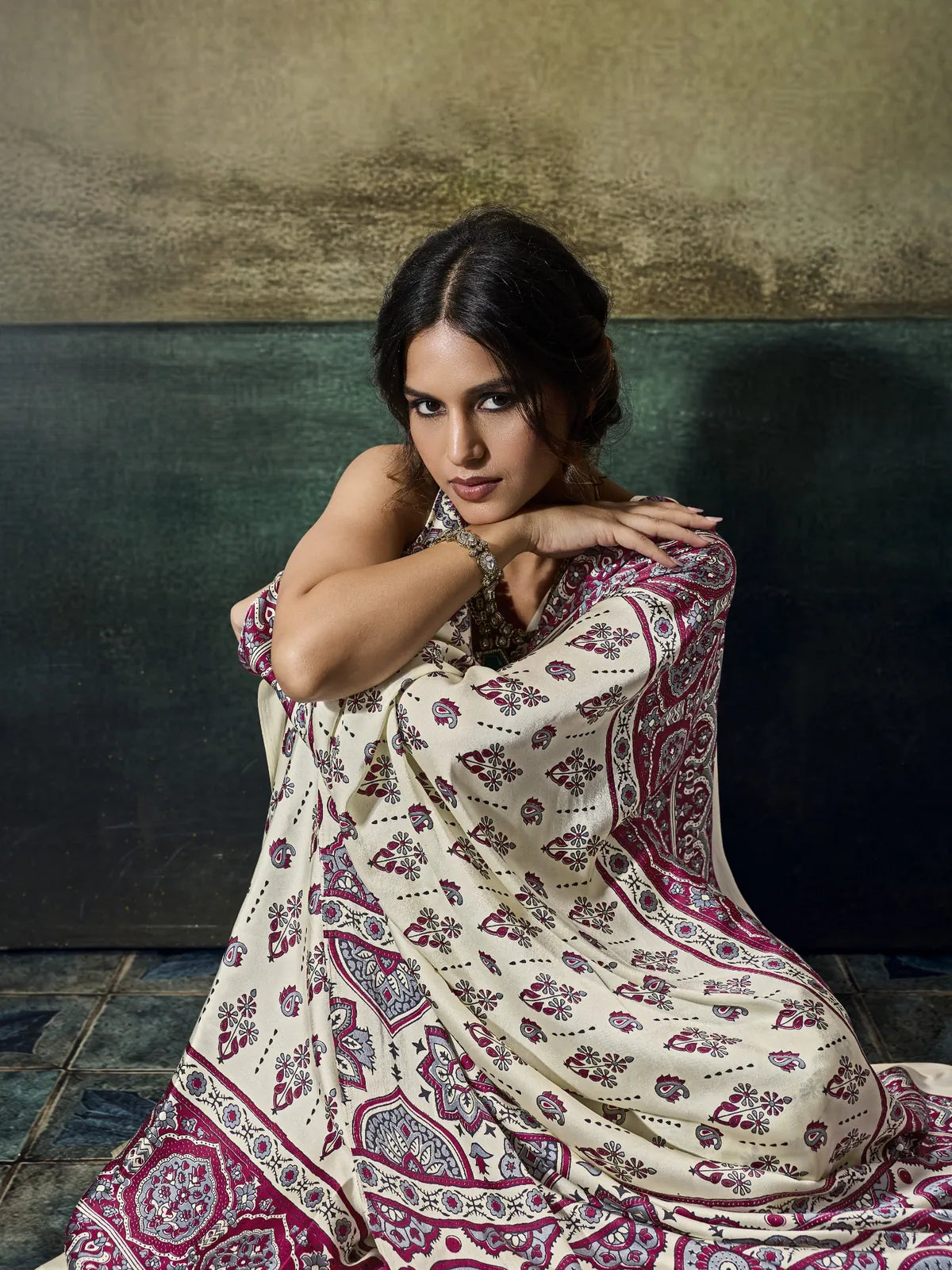 Tarani Modal Satin saree closeup view highlighting Ajrakh print