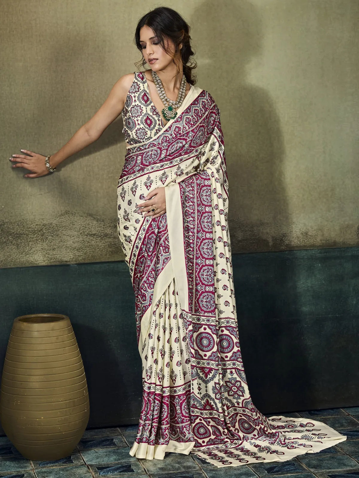 Tarani off white printed Ajrakh saree front view with elegant border