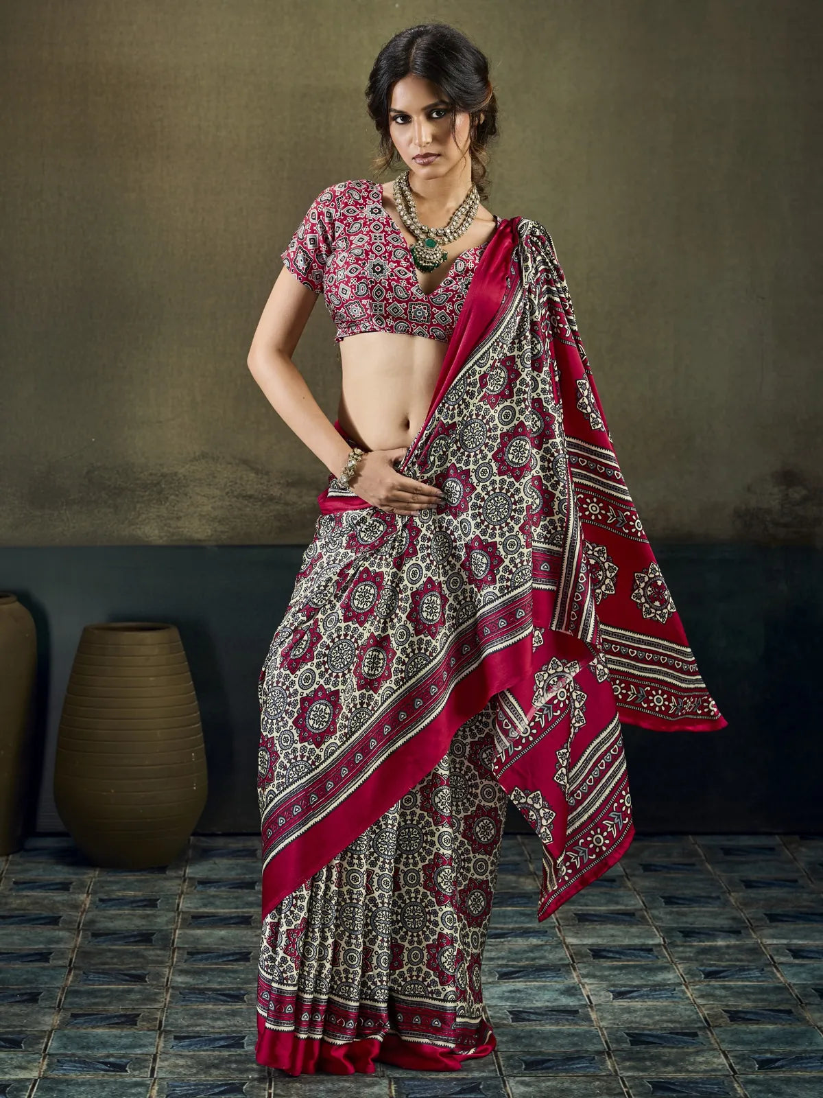 Tarani off white modal satin Ajrakh print saree elegant full front styling