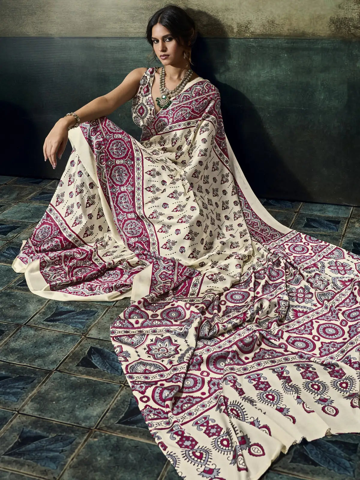 Tarani Ajrakh print saree pallu view with detailed printed border