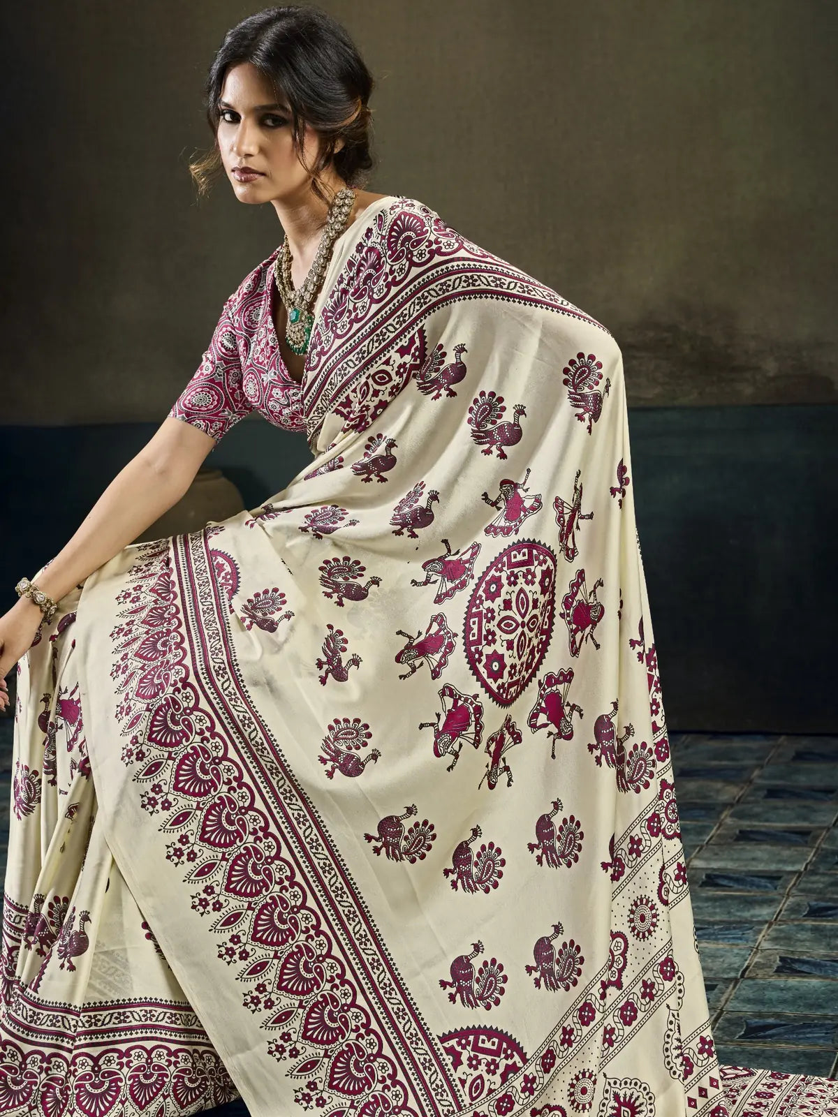 Tarani off white Modal Satin Ajrakh Print saree side profile showcasing drape