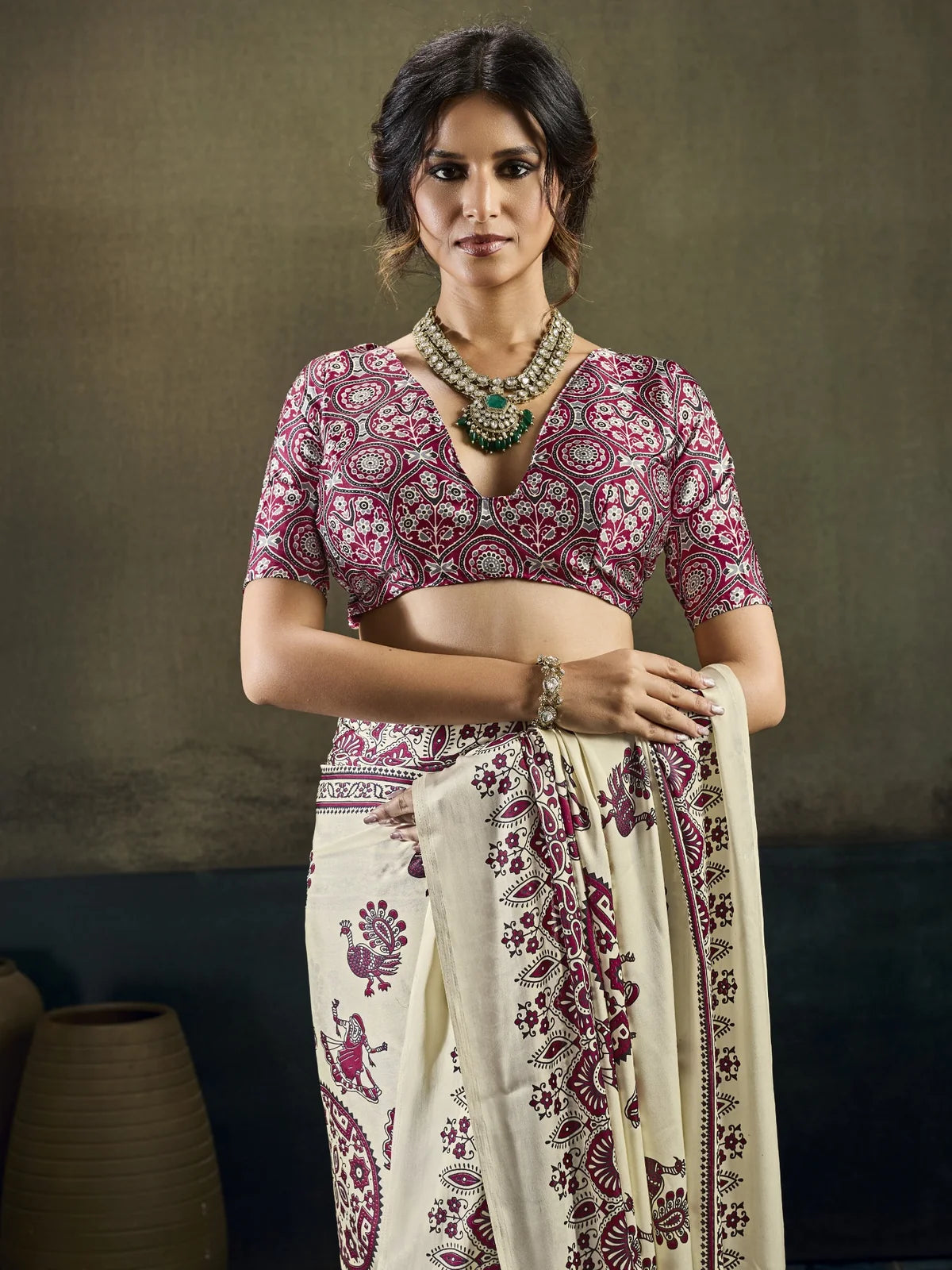 Tarani off white Modal Satin Ajrakh Print saree upper body view highlighting blouse design