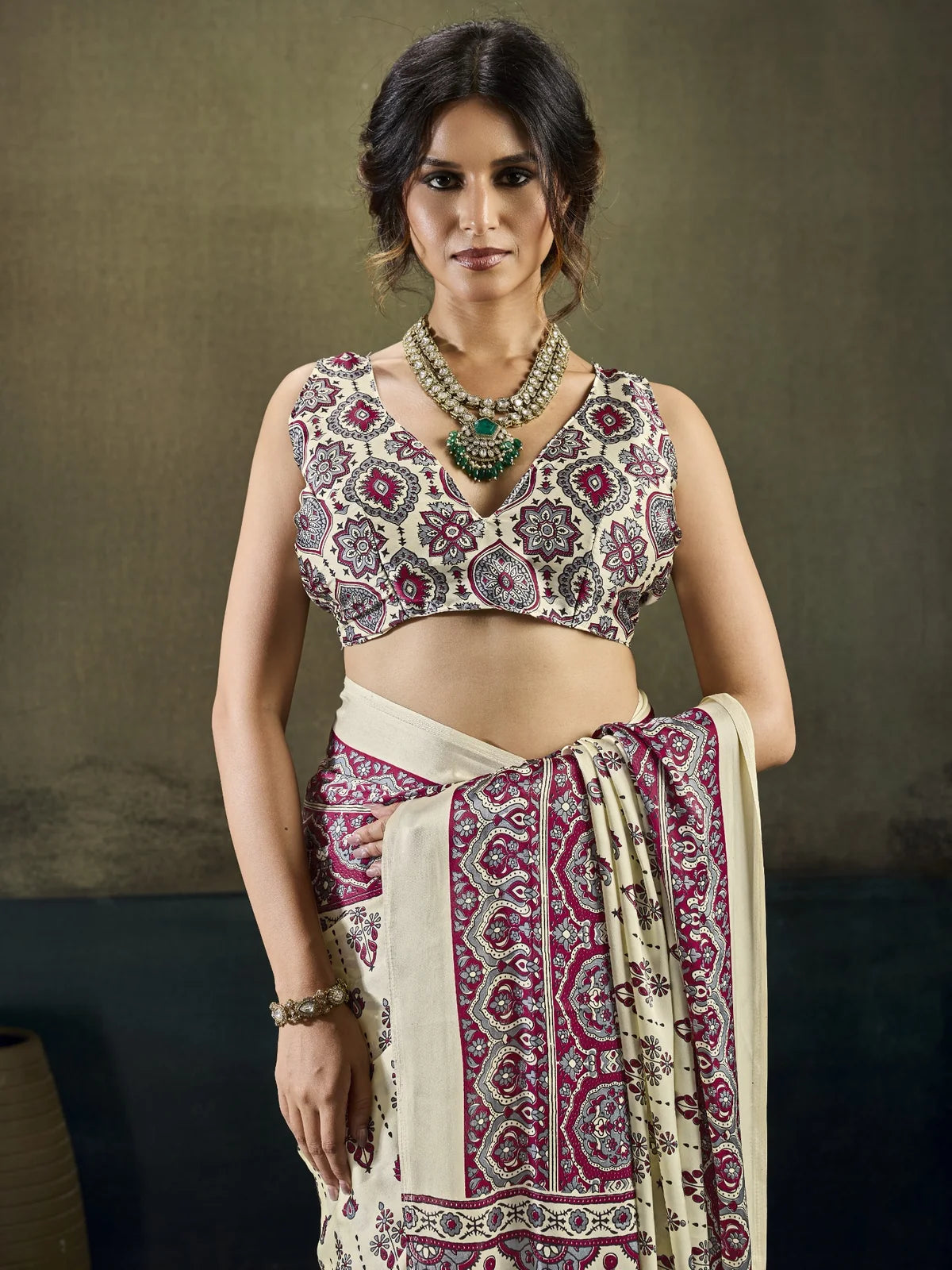 Tarani Modal Satin Ajrakh print saree upper body view showing printed blouse