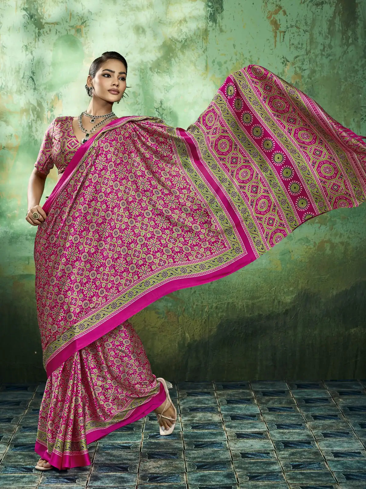 Tarani pink modal satin saree front view with flowing Ajrakh print drape for festive casual styling