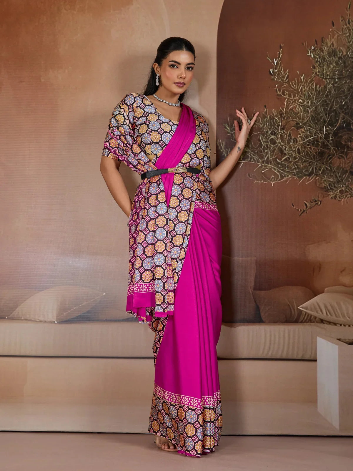 Tarani designer pink modal satin saree with printed blouse and border full front view