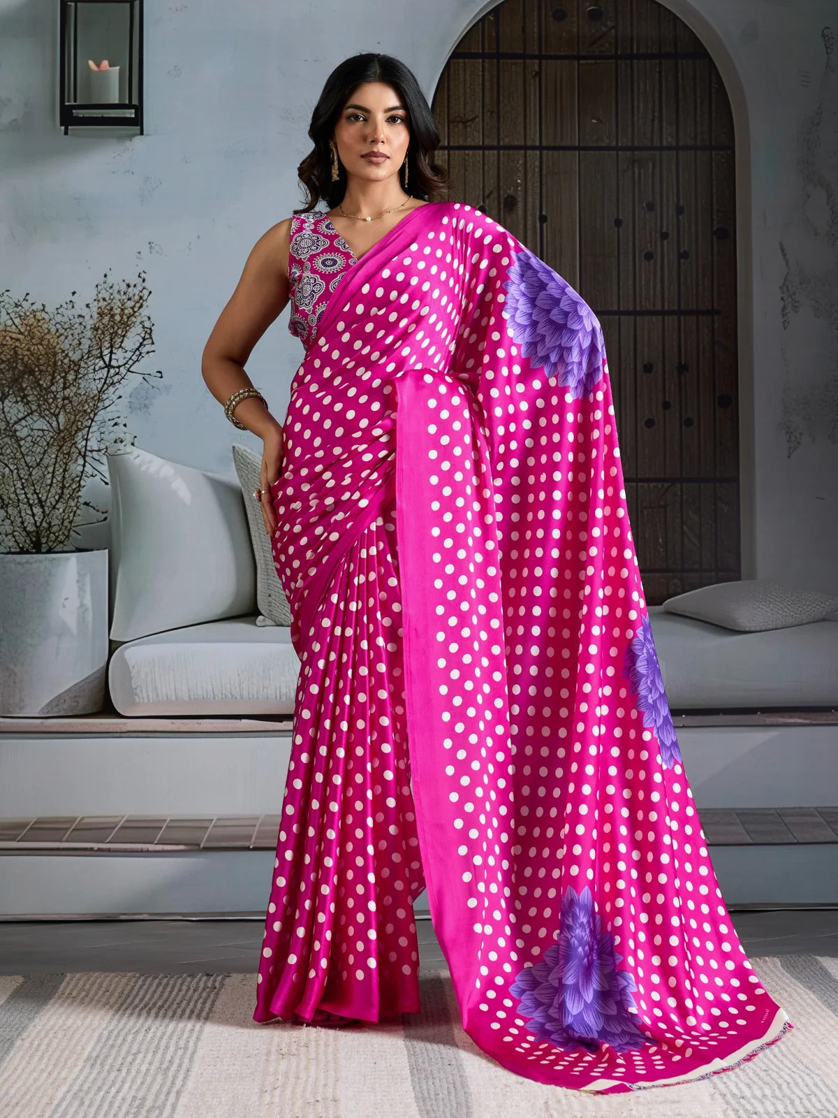 Tarani pink modal satin Ajrakh print saree with polka dots and floral pallu festive full view