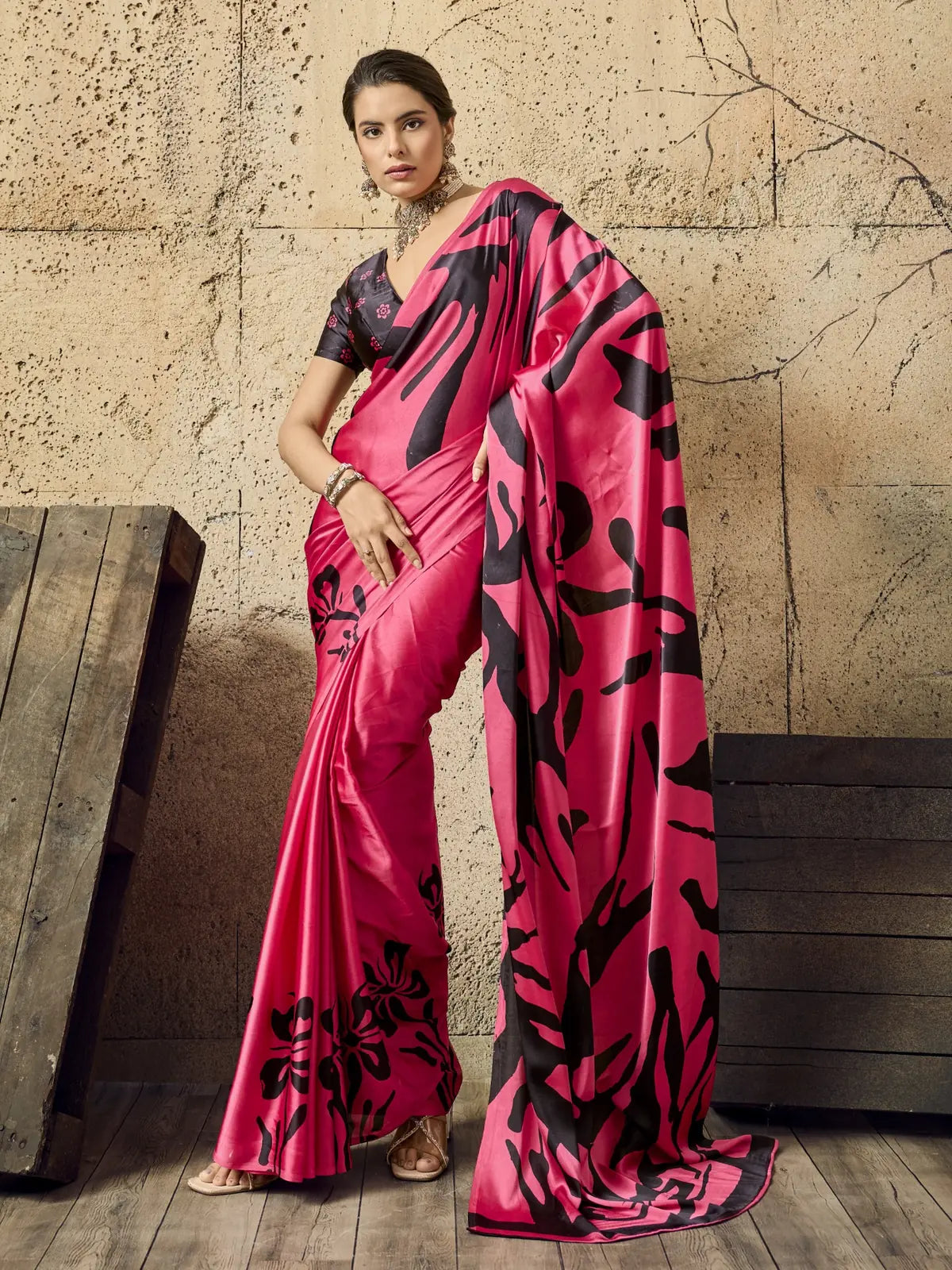 Tarani pink modal satin ajrakh print saree full view with designer black printed pallu