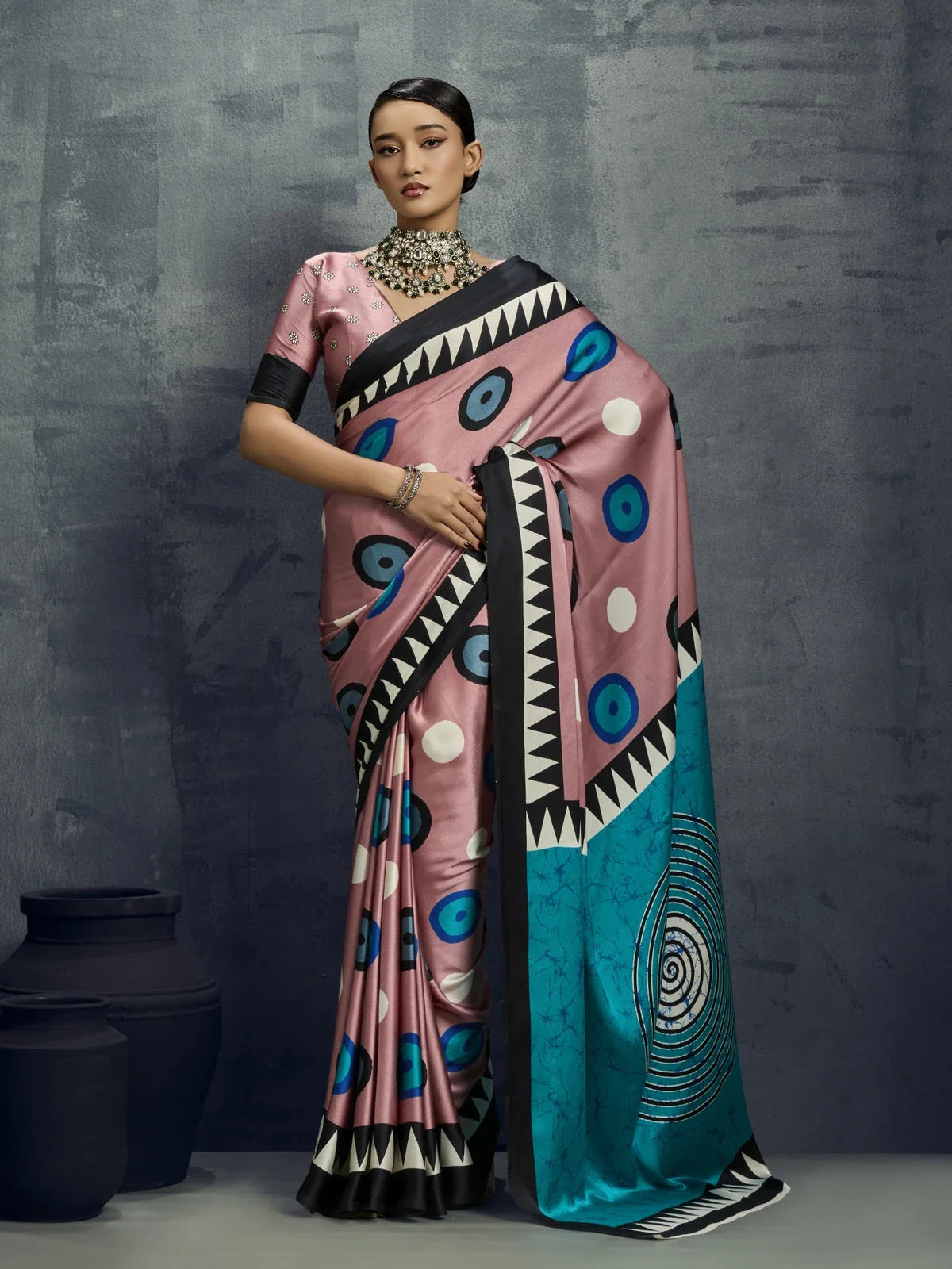 Tarani modal satin pink saree full front view with bold ajrakh print and contrast teal pallu