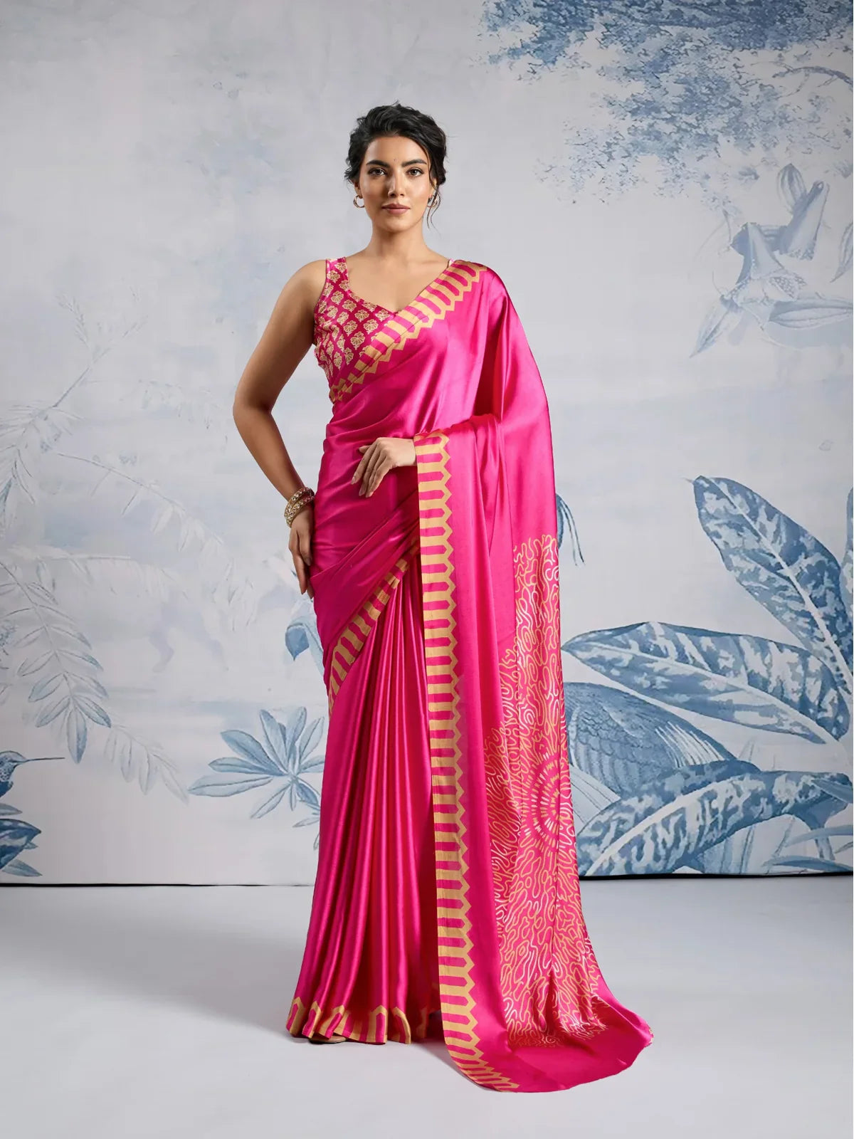 Tarani modal satin pink saree full view with designer blouse and golden Ajrakh print