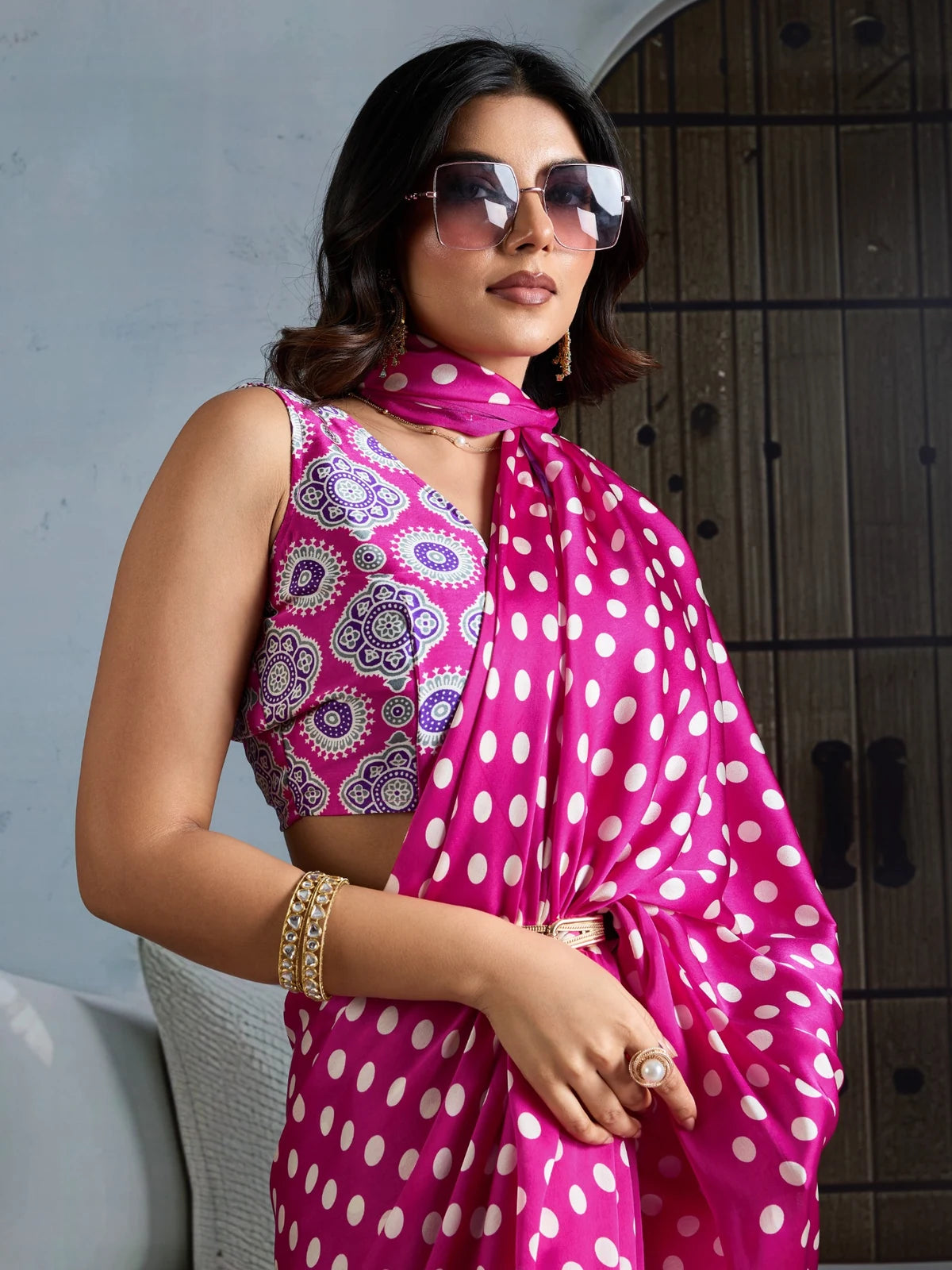 Tarani pink modal satin saree upper body fashion view with Ajrakh blouse and polka print
