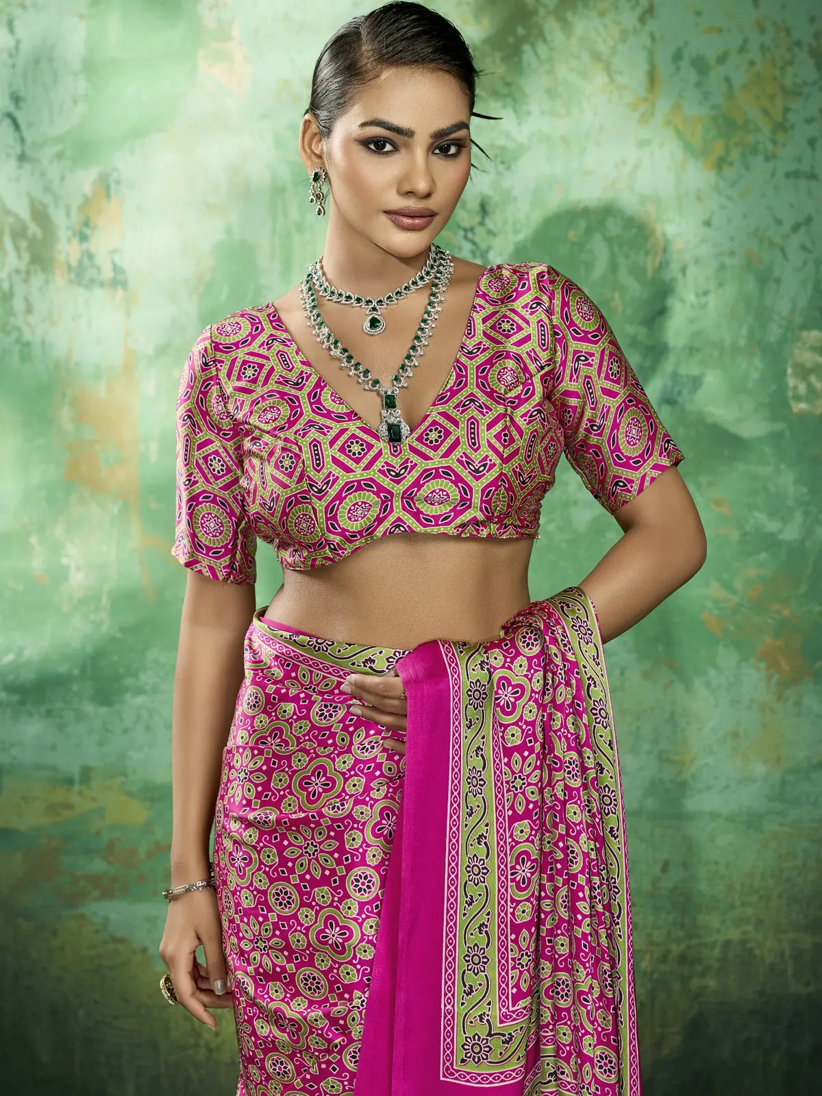 Tarani pink modal satin Ajrakh print saree upper body view with designer blouse and jewellery styling