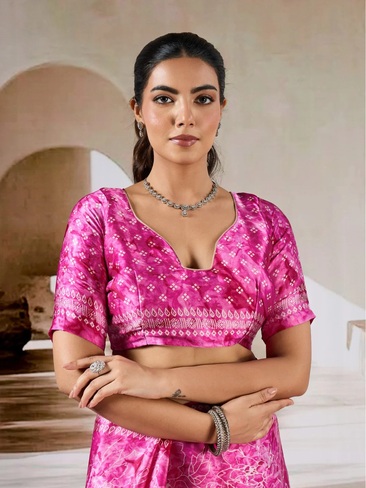 Tarani pink modal satin saree upper body shot showing neckline and sleeve design