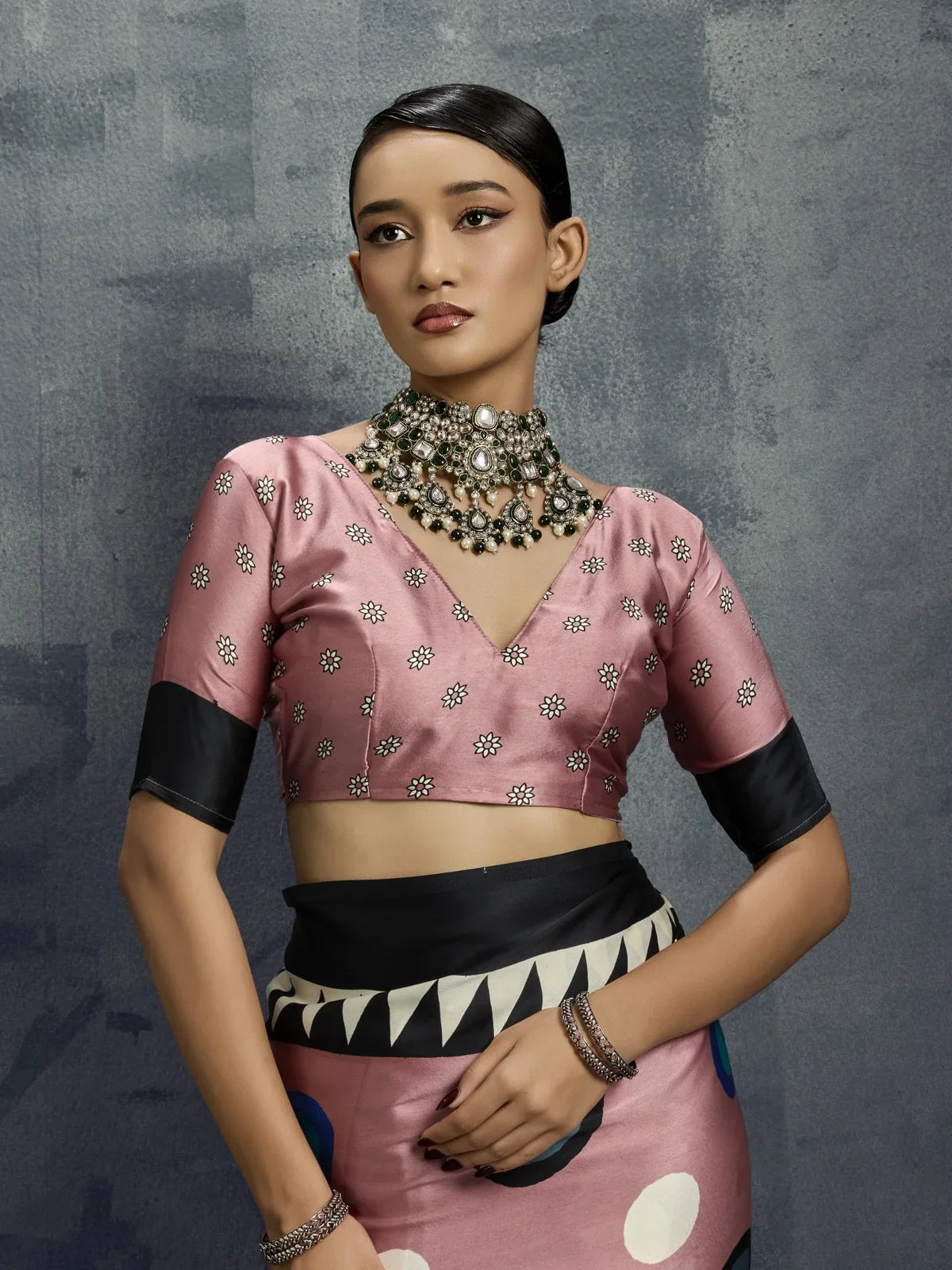 Tarani modal satin pink saree upper body view with printed blouse and statement choker