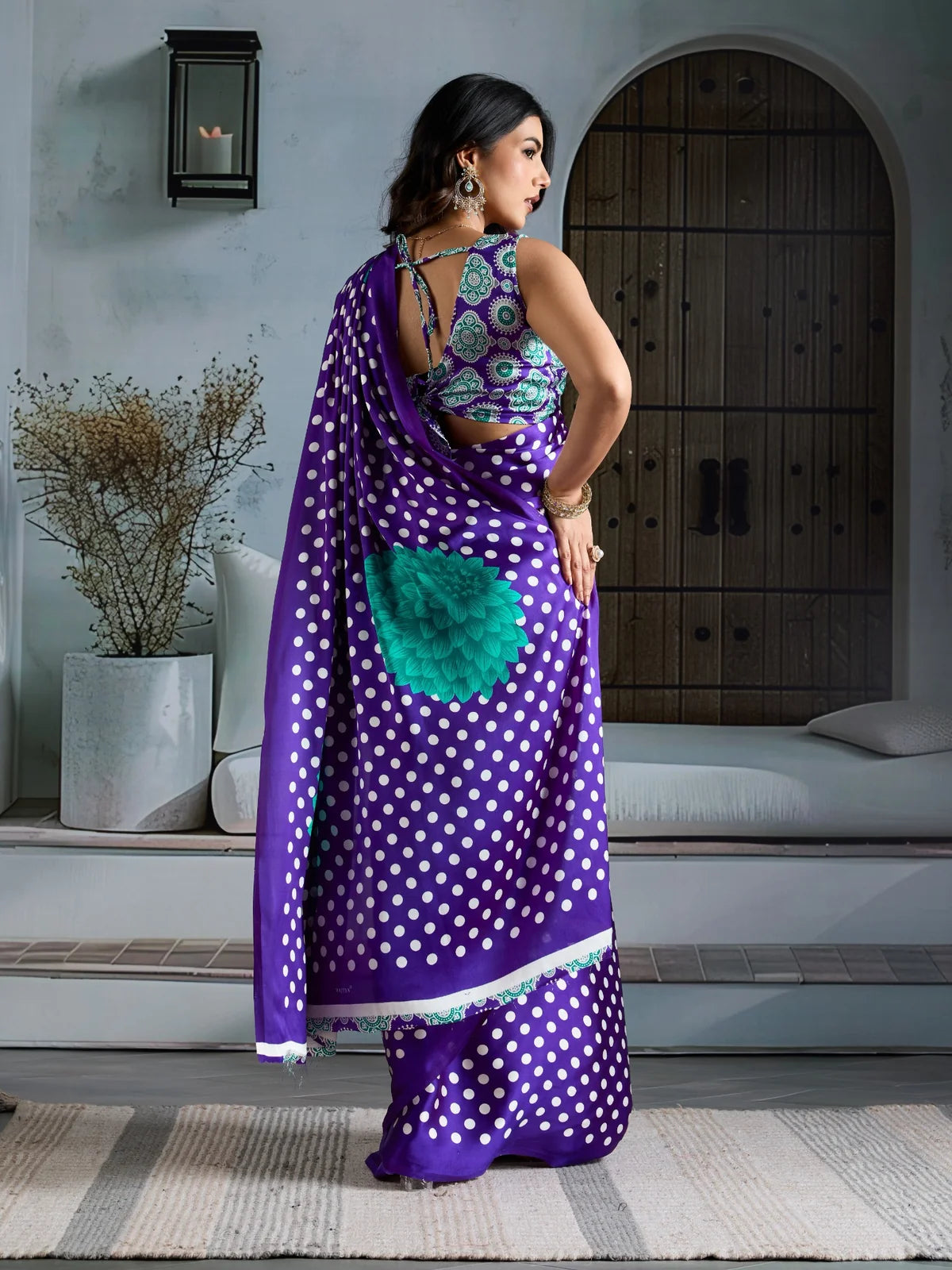 Tarani purple modal satin Ajrakh print saree back view with elegant drape