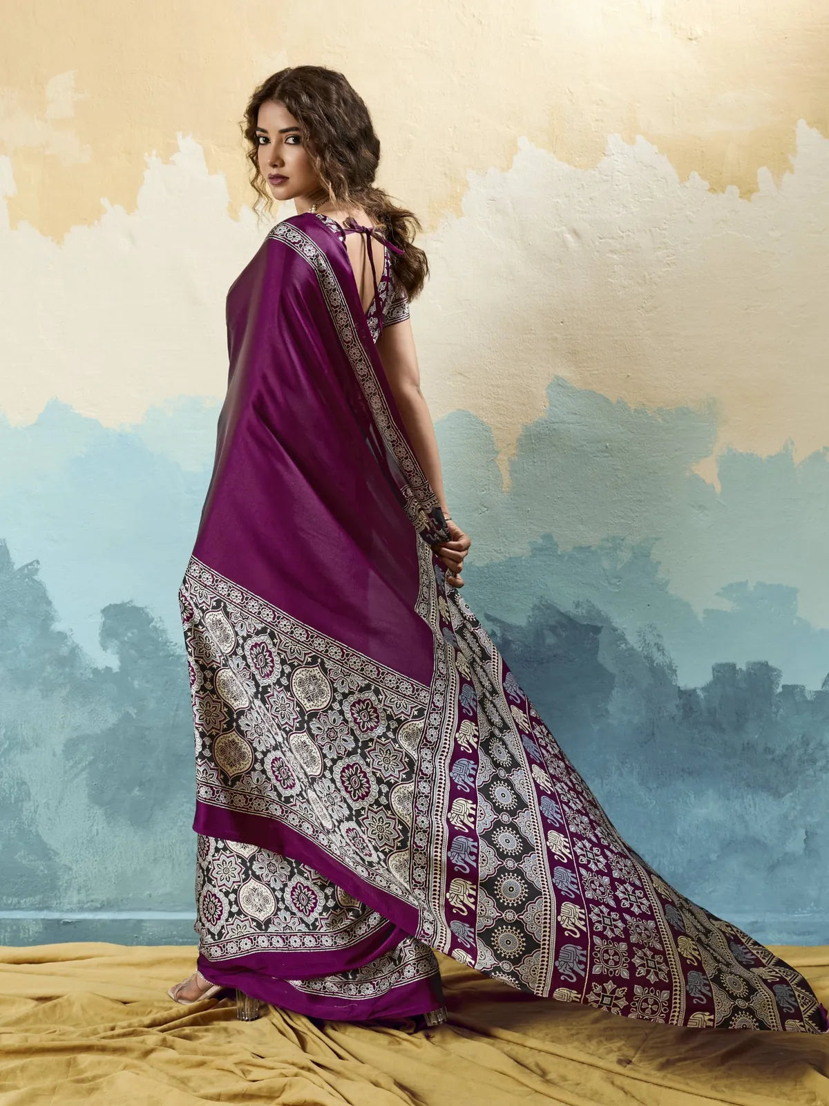 Tarani purple modal satin Ajrakh print saree back view with elegant Ajrakh pallu