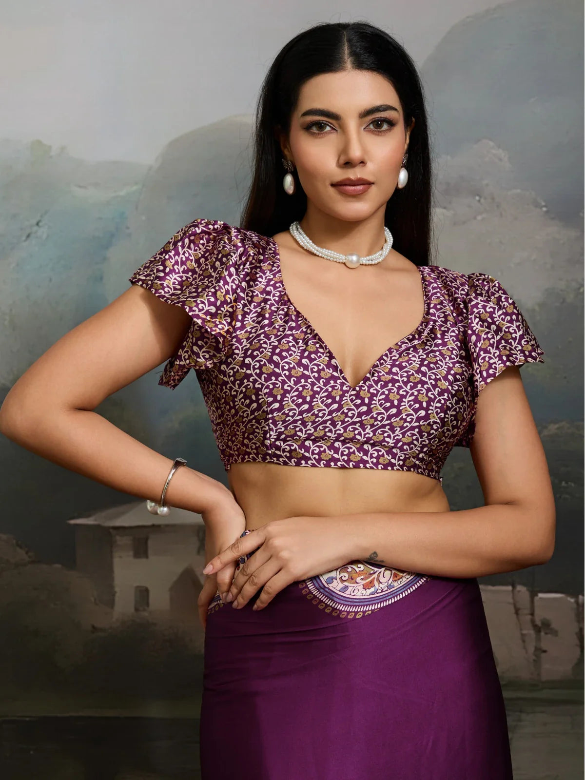 Tarani Modal Satin Ajrakh saree upper body look with detailed printed blouse in purple