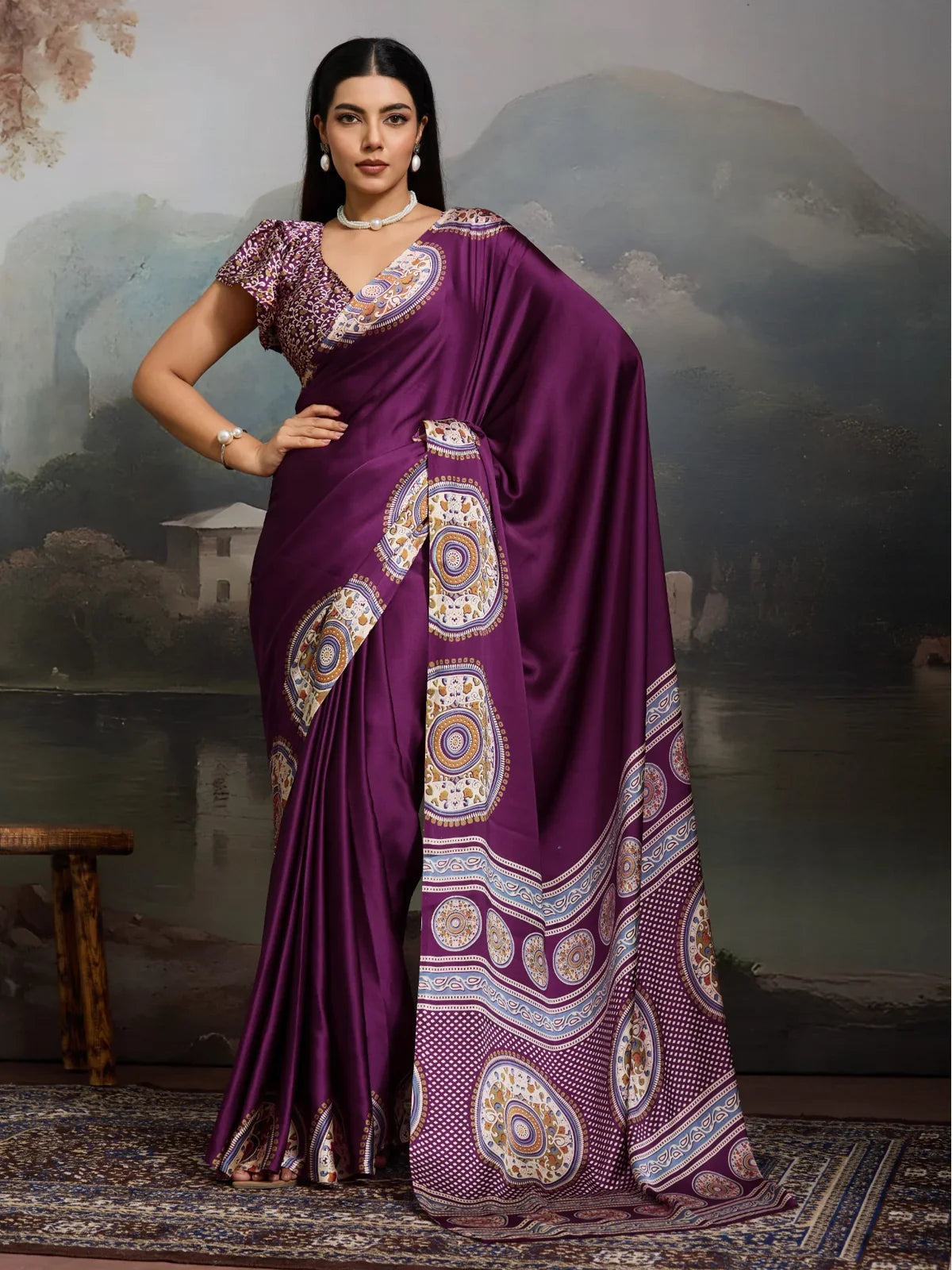 Tarani purple Modal Satin Ajrakh saree front view with printed blouse for casual occasions