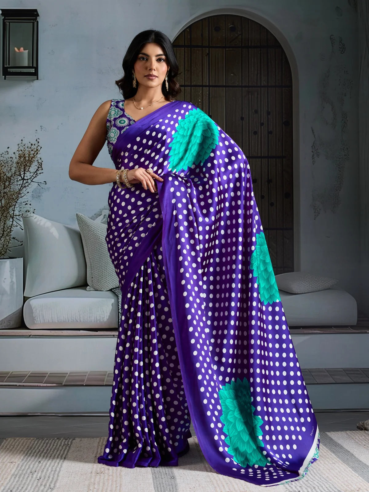 Tarani purple modal satin Ajrakh print saree with blouse for festive and party wear