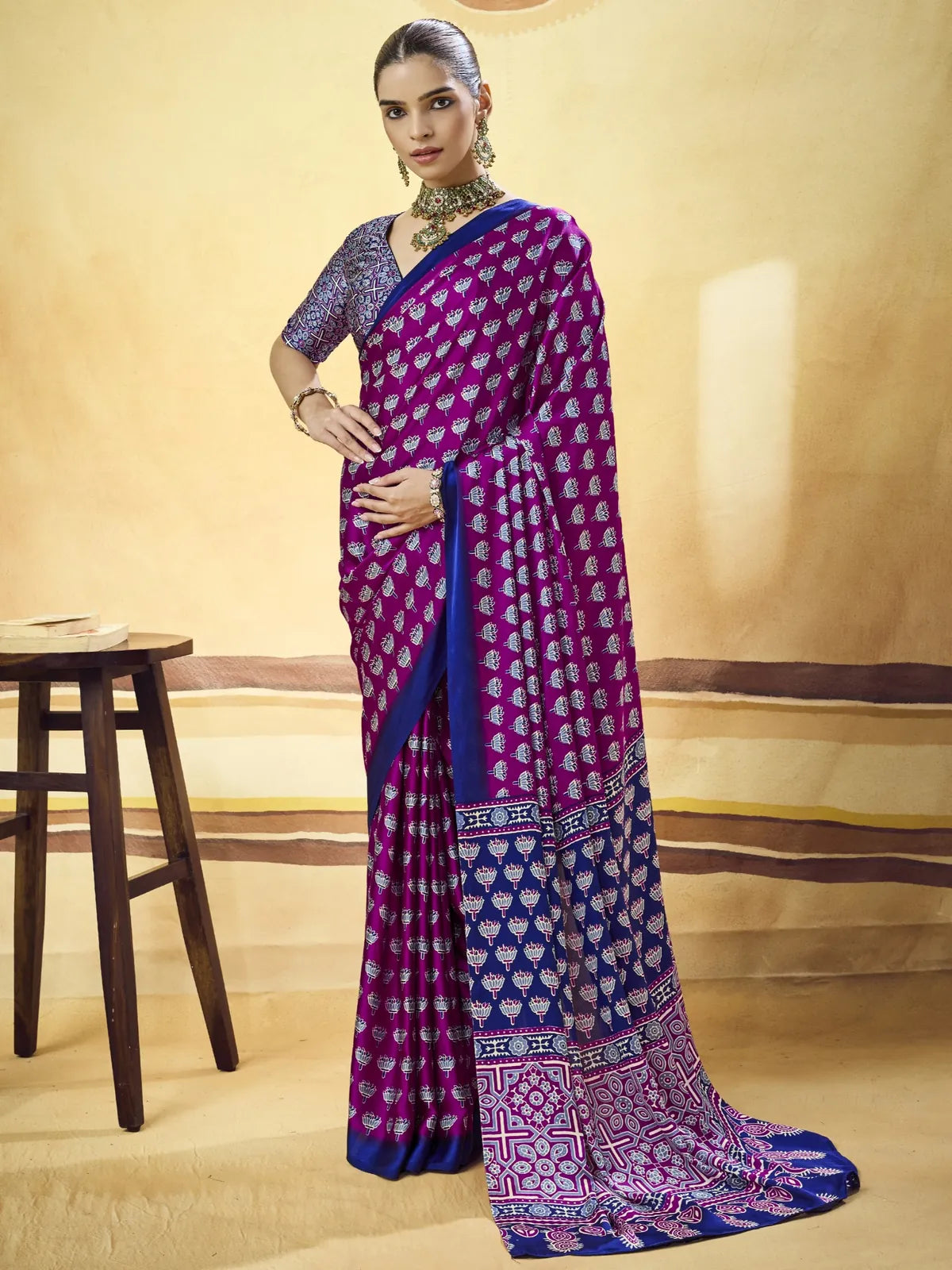 Tarani purple Modal Satin Ajrakh Print saree full view with printed blouse