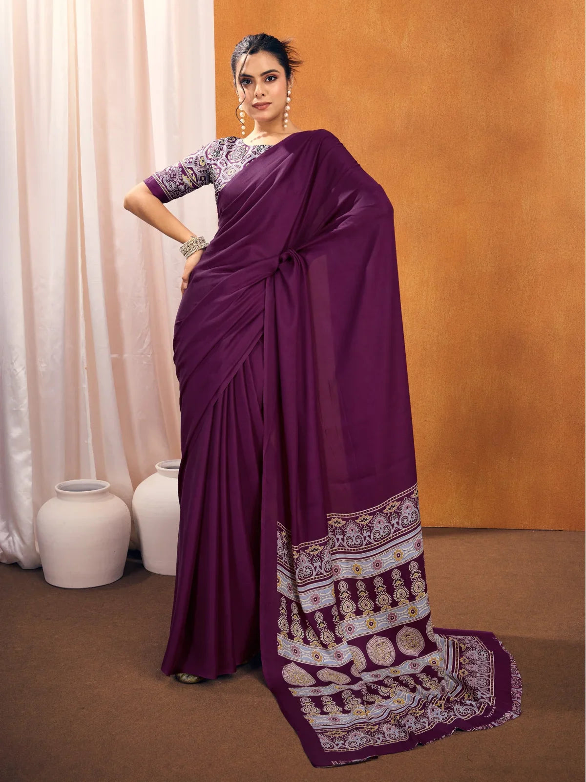 Tarani purple modal satin Ajrakh print saree full view with ethnic pallu and elegant drape