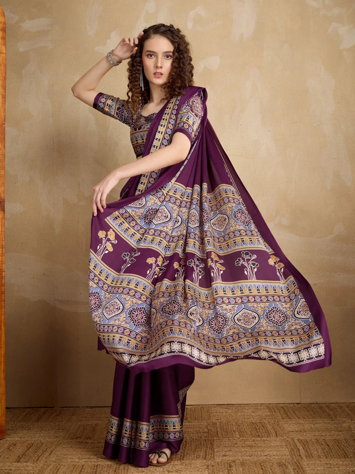 Tarani purple modal satin saree with Ajrakh print and geometric pallu in full view