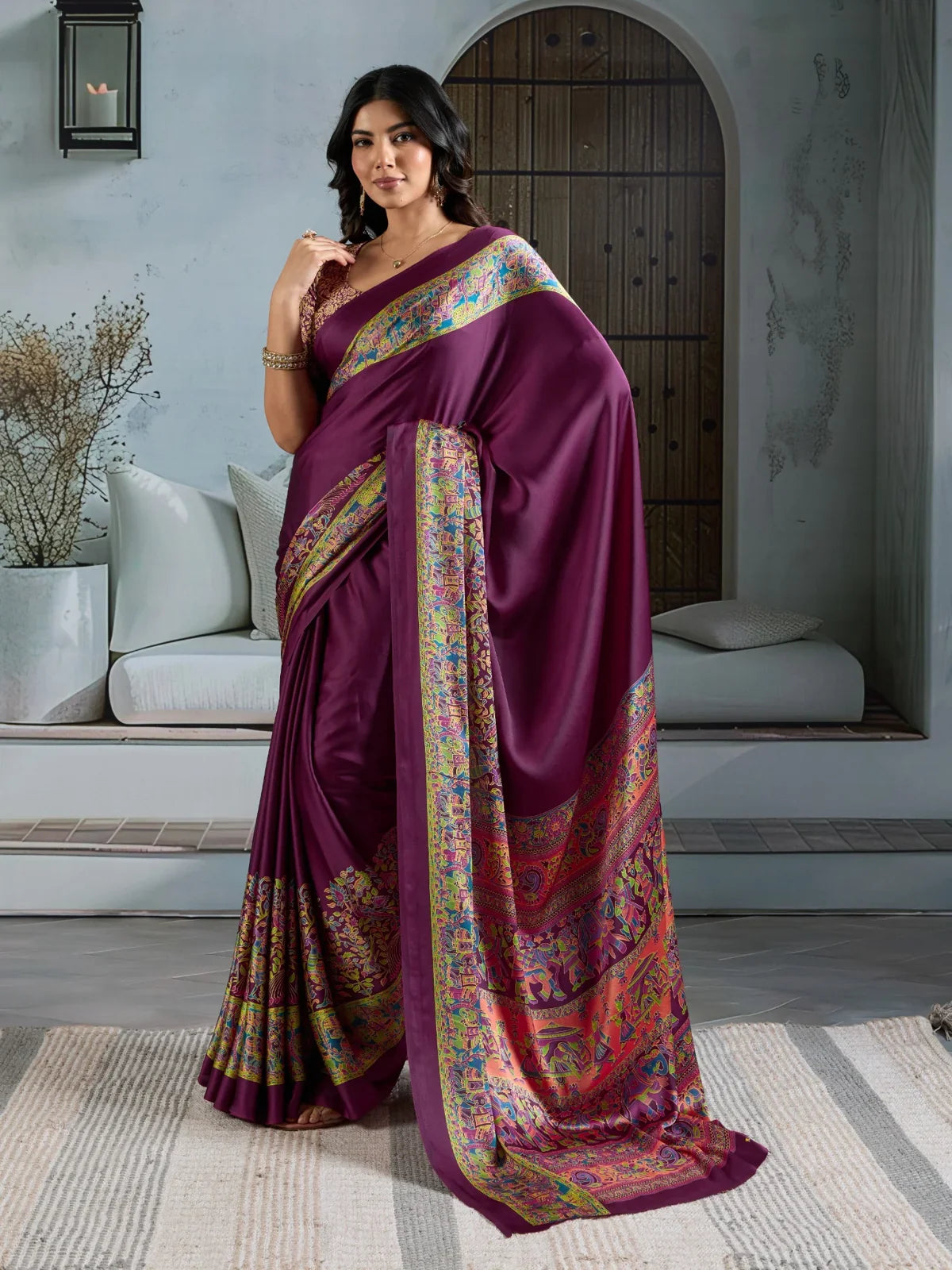 Tarani purple modal satin saree with vibrant ajrakh pallu and full front view