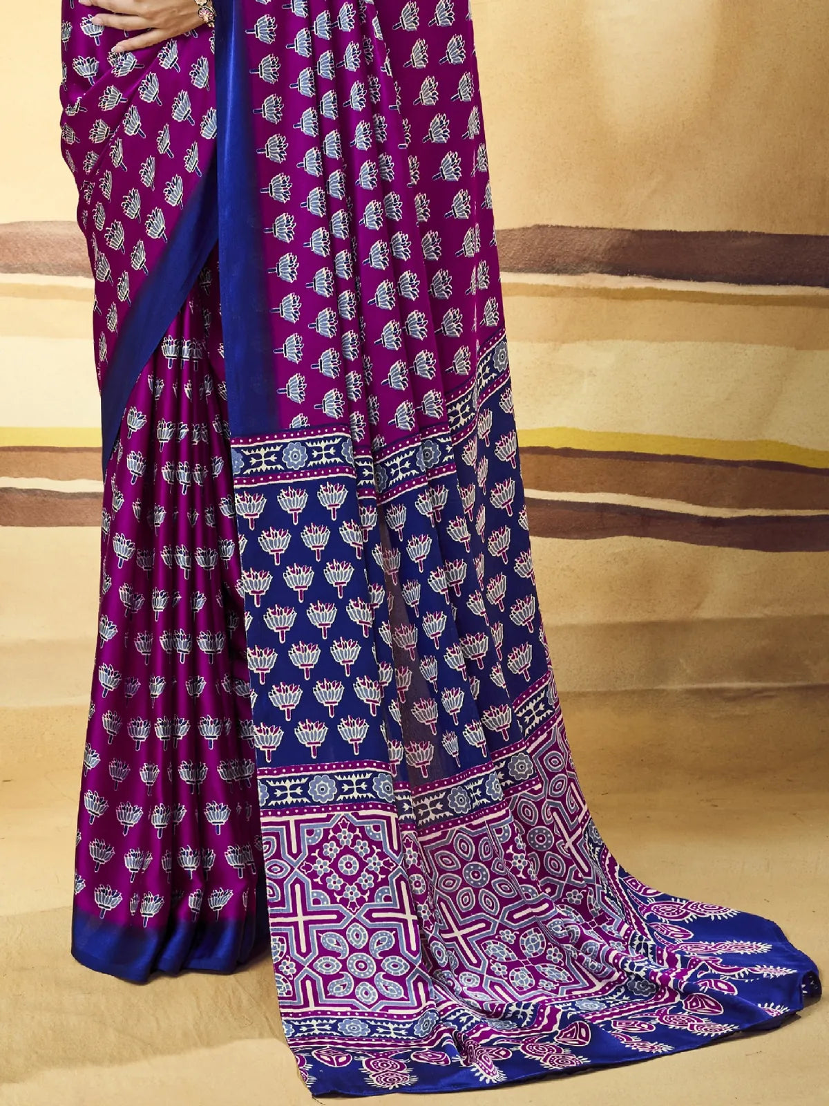 Tarani purple Modal Satin Ajrakh Print saree pallu view showing border and print