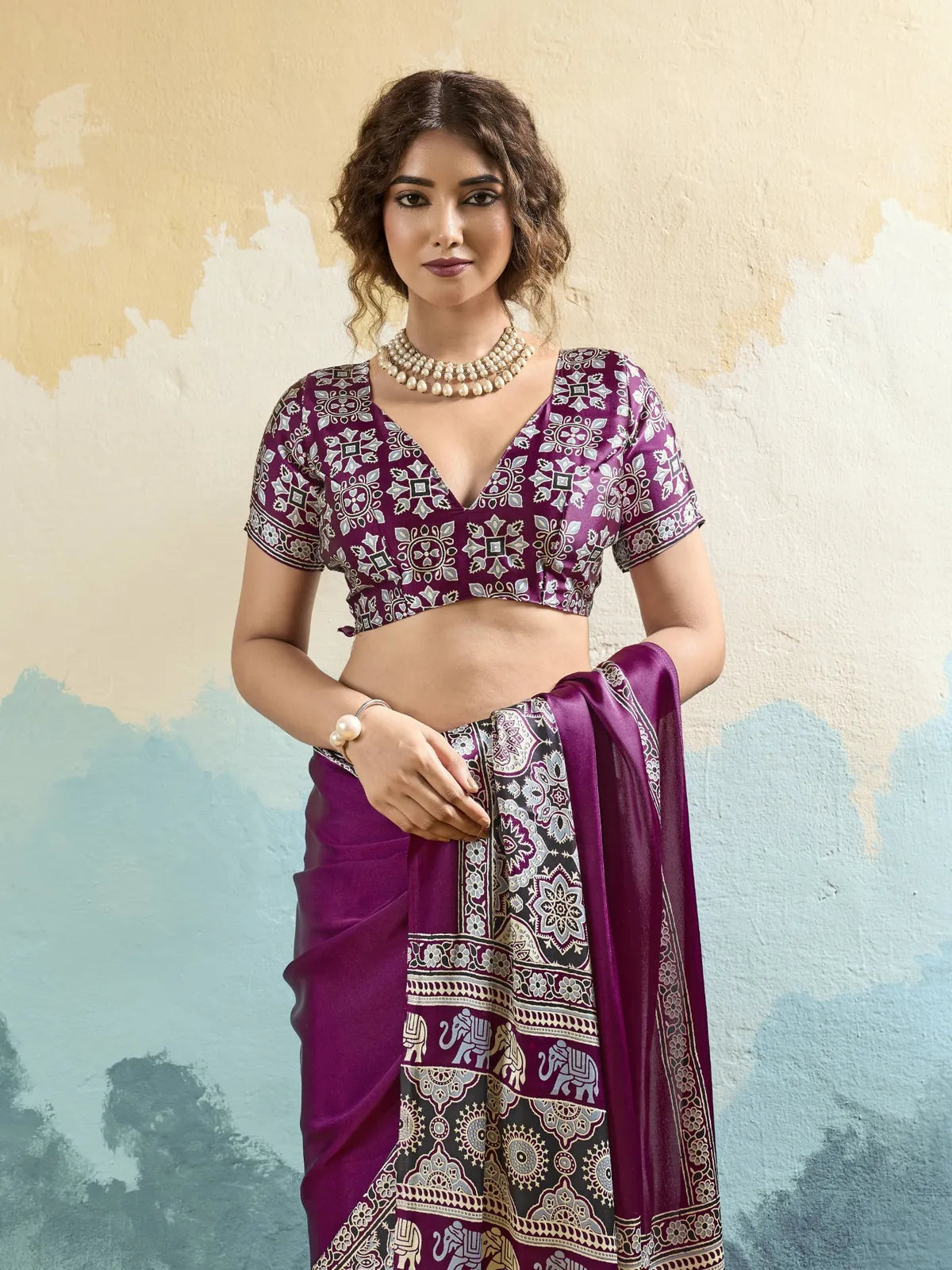 Tarani purple modal satin Ajrakh print saree upper body view with designer blouse