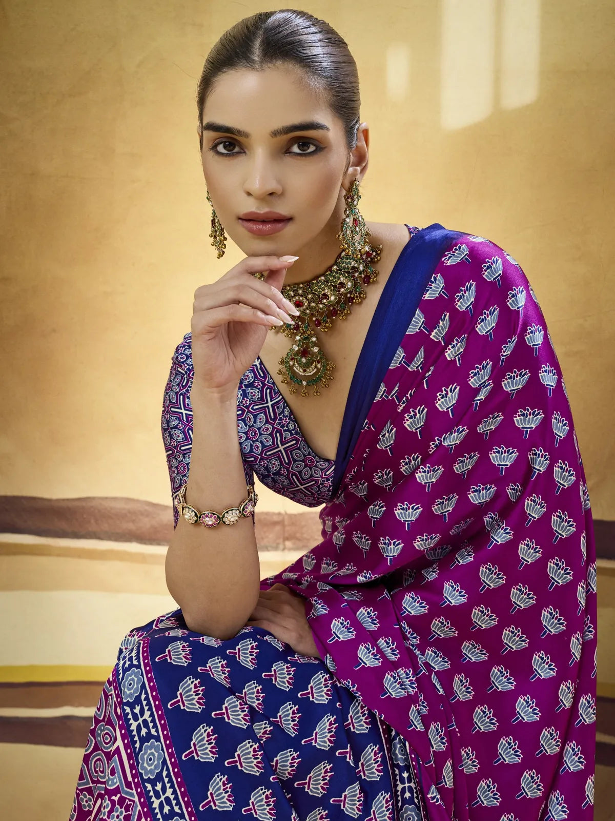 Tarani purple Modal Satin Ajrakh Print saree upper body view highlighting blouse
