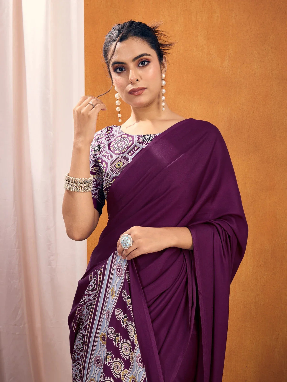 Tarani purple Ajrakh print blouse with matching saree in upper body pose
