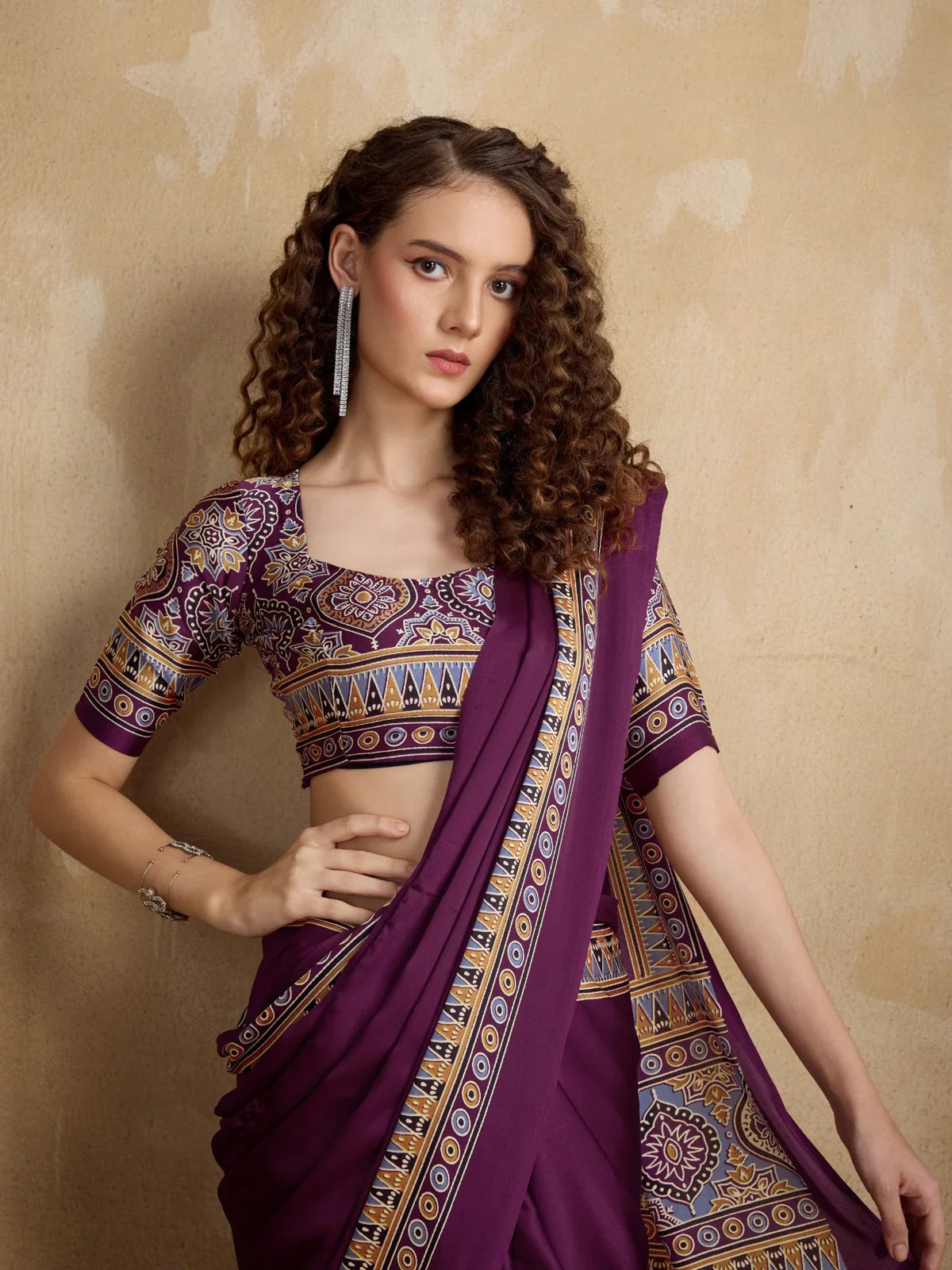 Tarani Ajrakh modal satin saree close-up of blouse and neckline in purple tone