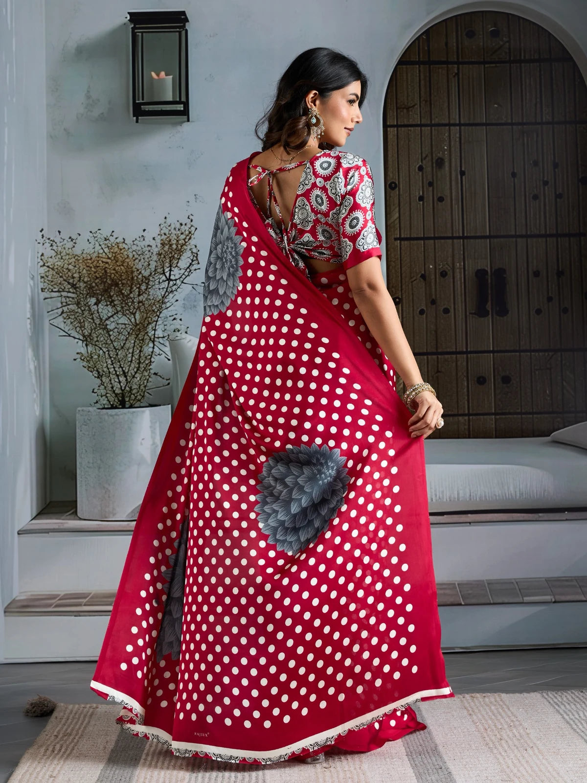 Tarani red modal satin Ajrakh print saree back view with designer blouse pattern