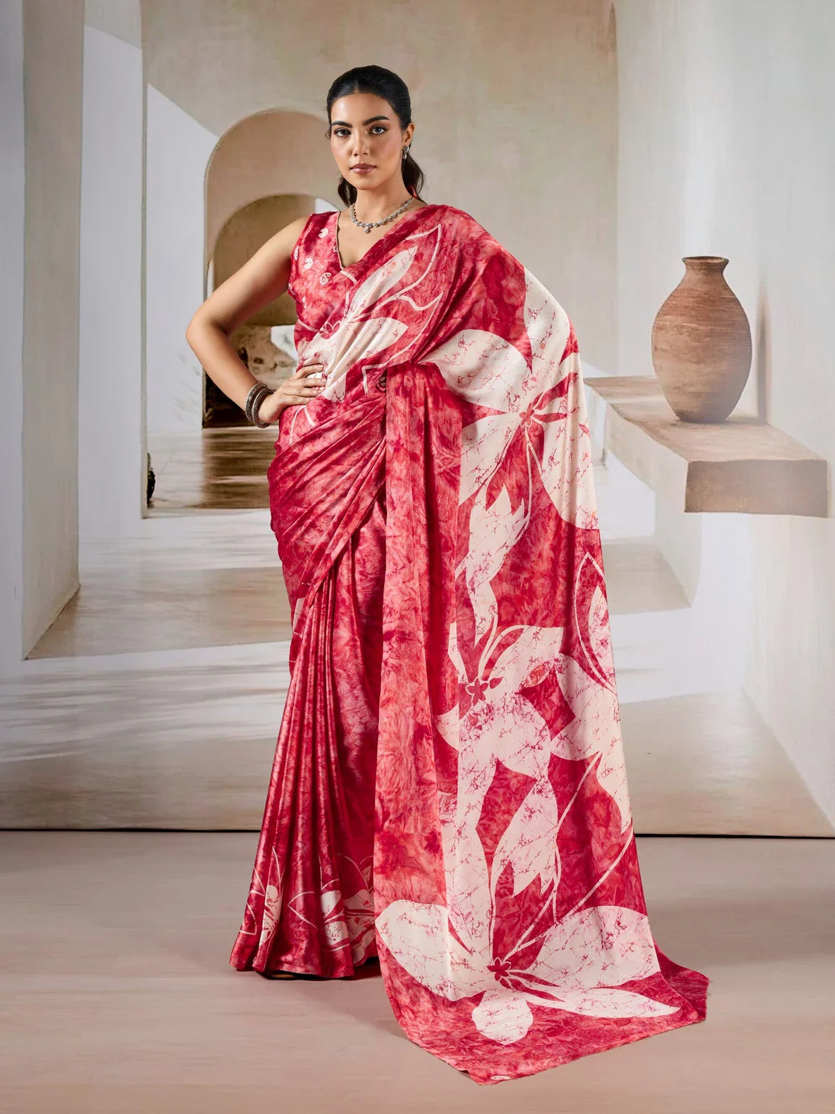 Tarani modal satin red saree with bold floral pallu and printed blouse shown in full-view